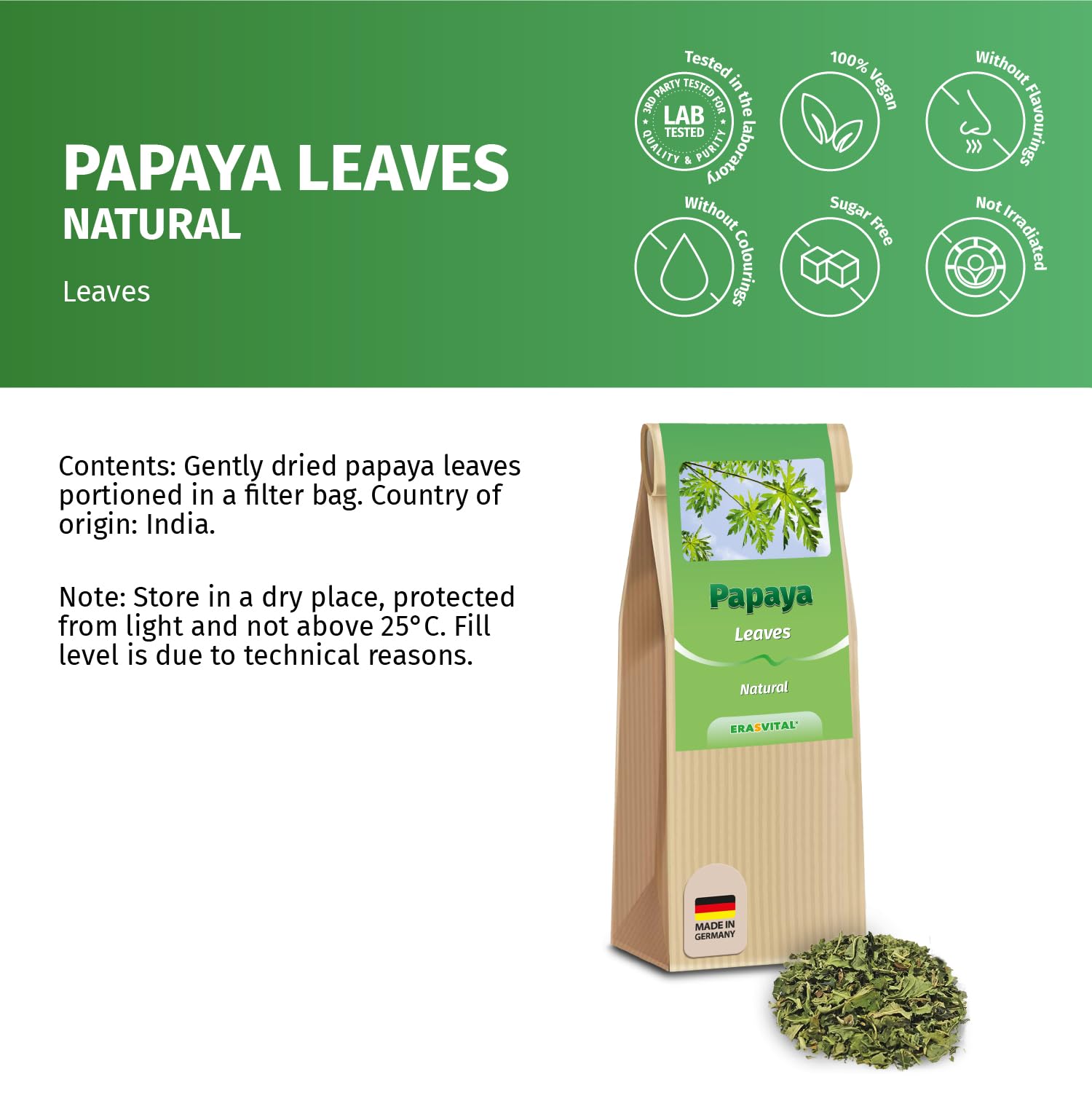 Papaya-Blätter und Papaya-Stängel luftgetrocknet und geschnitten ohne weitere Zusatzstoffe (500 g (1 er Pack))
