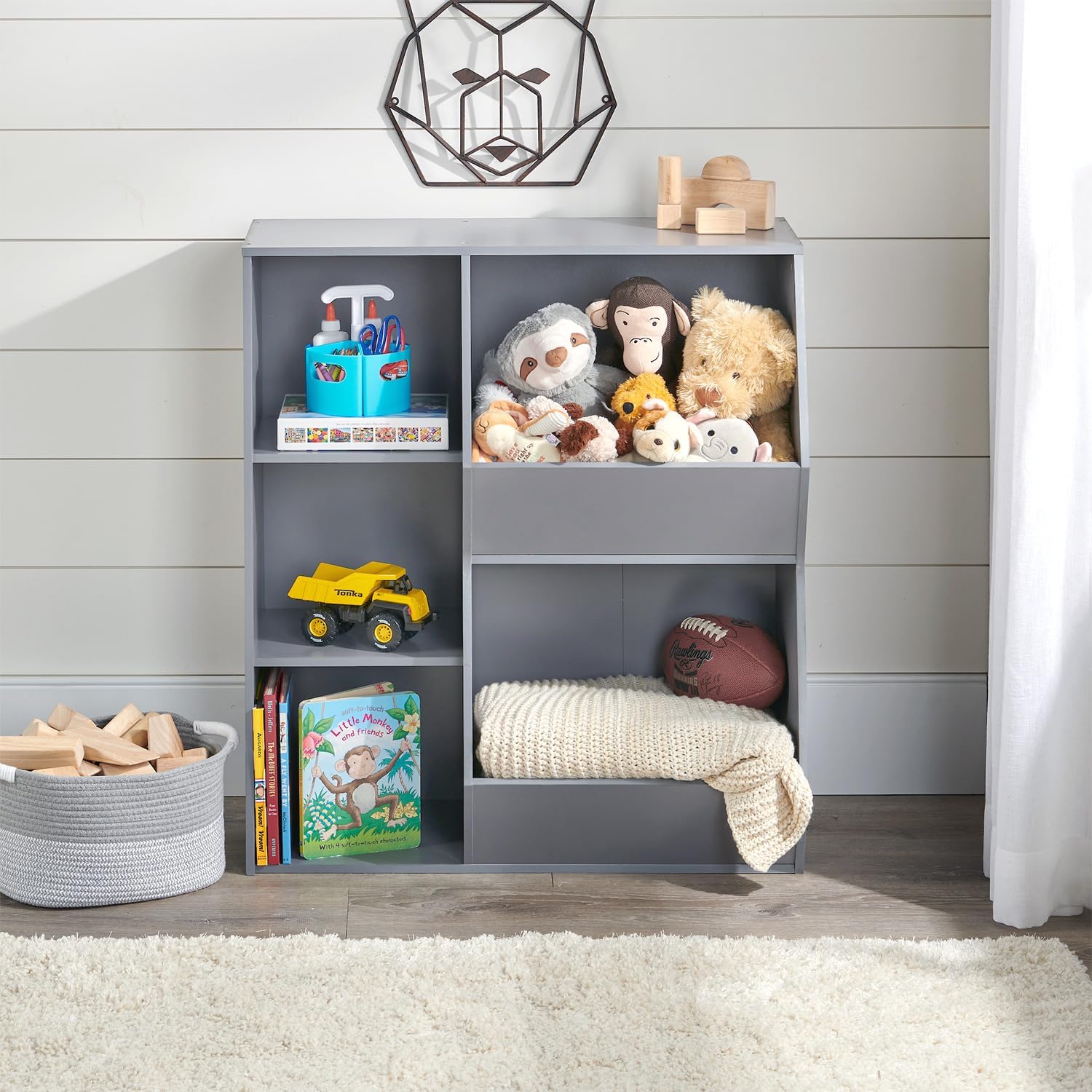 Badger Basket Side-by-Side Combo Bin Unit and Book Shelf for Kids - Toy Storage Cubby Organizer with Shelves and Bins - Gray