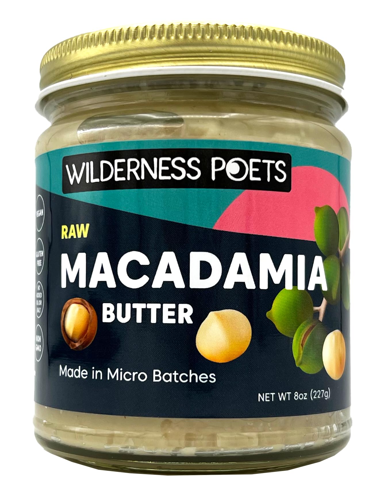 Wilderness Poets, Raw Macadamia Nut Butter - Vegan, No Salt (8 Ounce) - Glass Jar