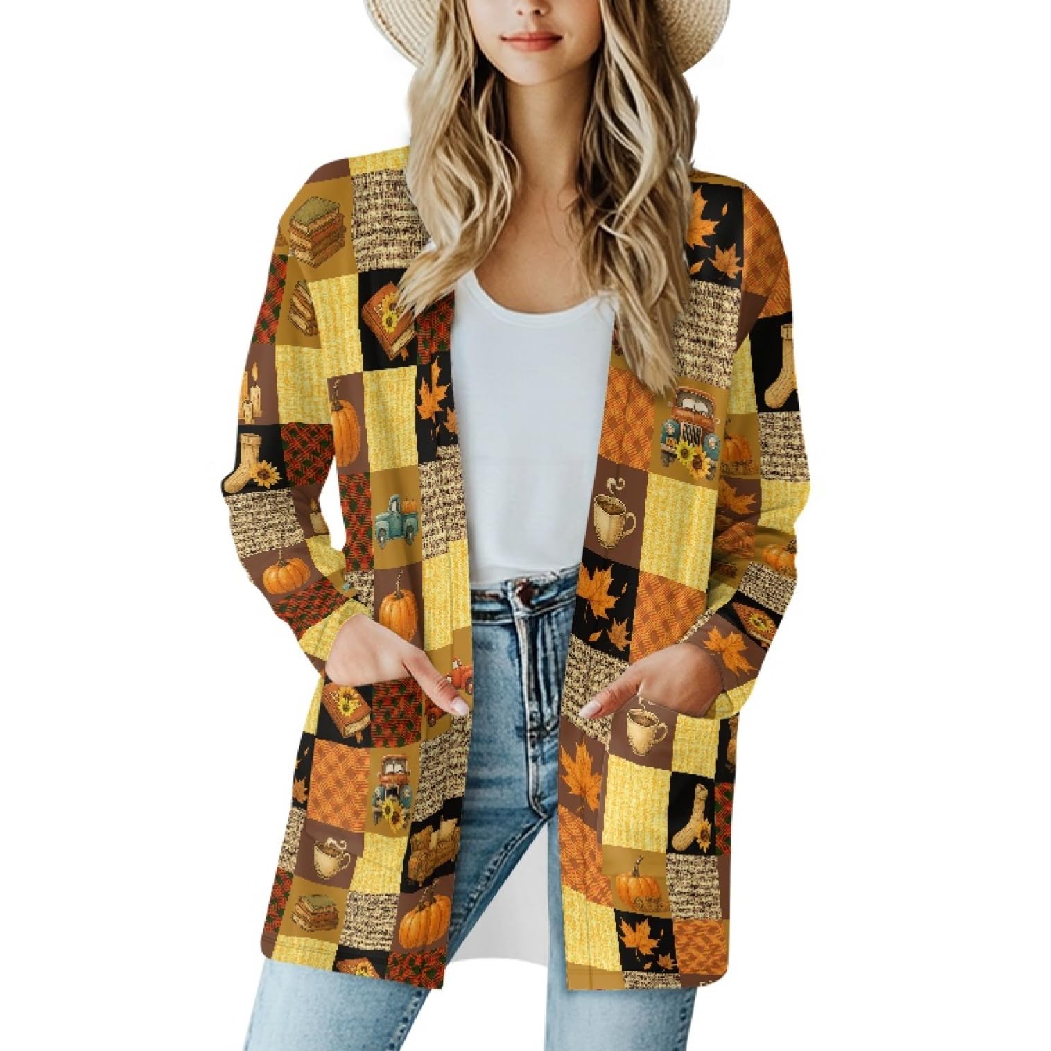 Fall Maple Leaf Cardigan Sweaters for Women Long Sleeve Cardigan Soft Drape Open Front Dusters V-Neck Jackets Dressy