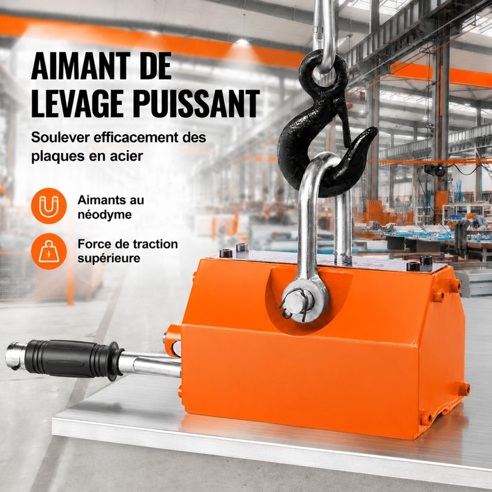Aimant de levage 600 kg en néodyme avec crochet chromé pour manutention de tôles et matériaux magnétiques
