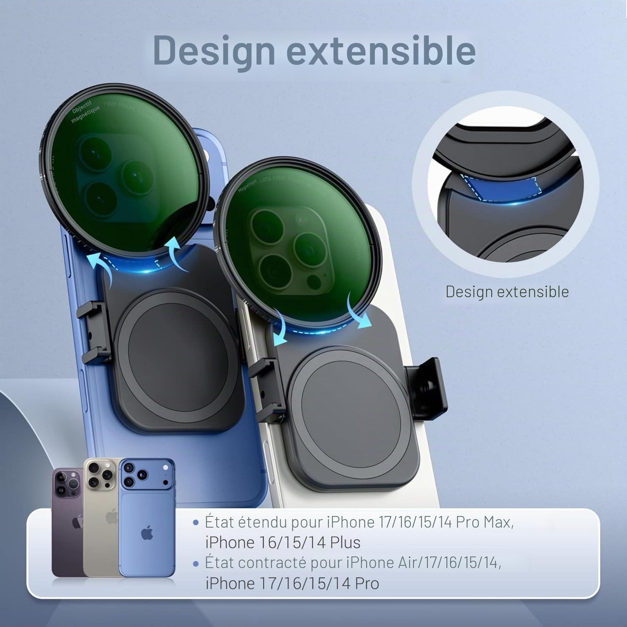 Adaptateur de filtre de téléphone 67 mm pour iPhone 17 16 15 14 Pro Max Plus Air - Bague de filtre magnétique double face avec objectif de téléphone 1/4-20" et griffe de flash (sans filtre)