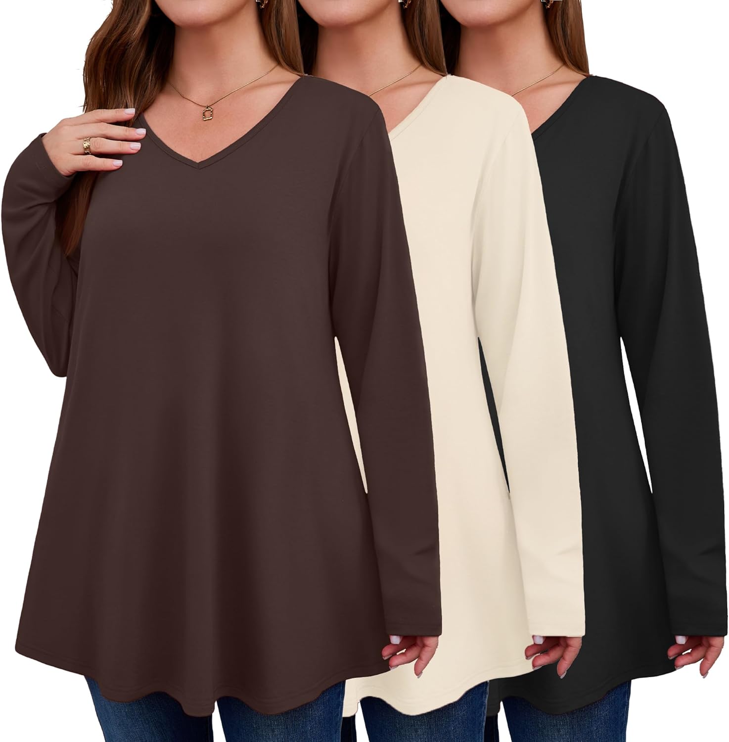 Evervibe 3 Pack Women's Plus Size Tunic Tops V Neck Long Sleeve Shirts Loose Fit Casual Flowy Tees with Leggings