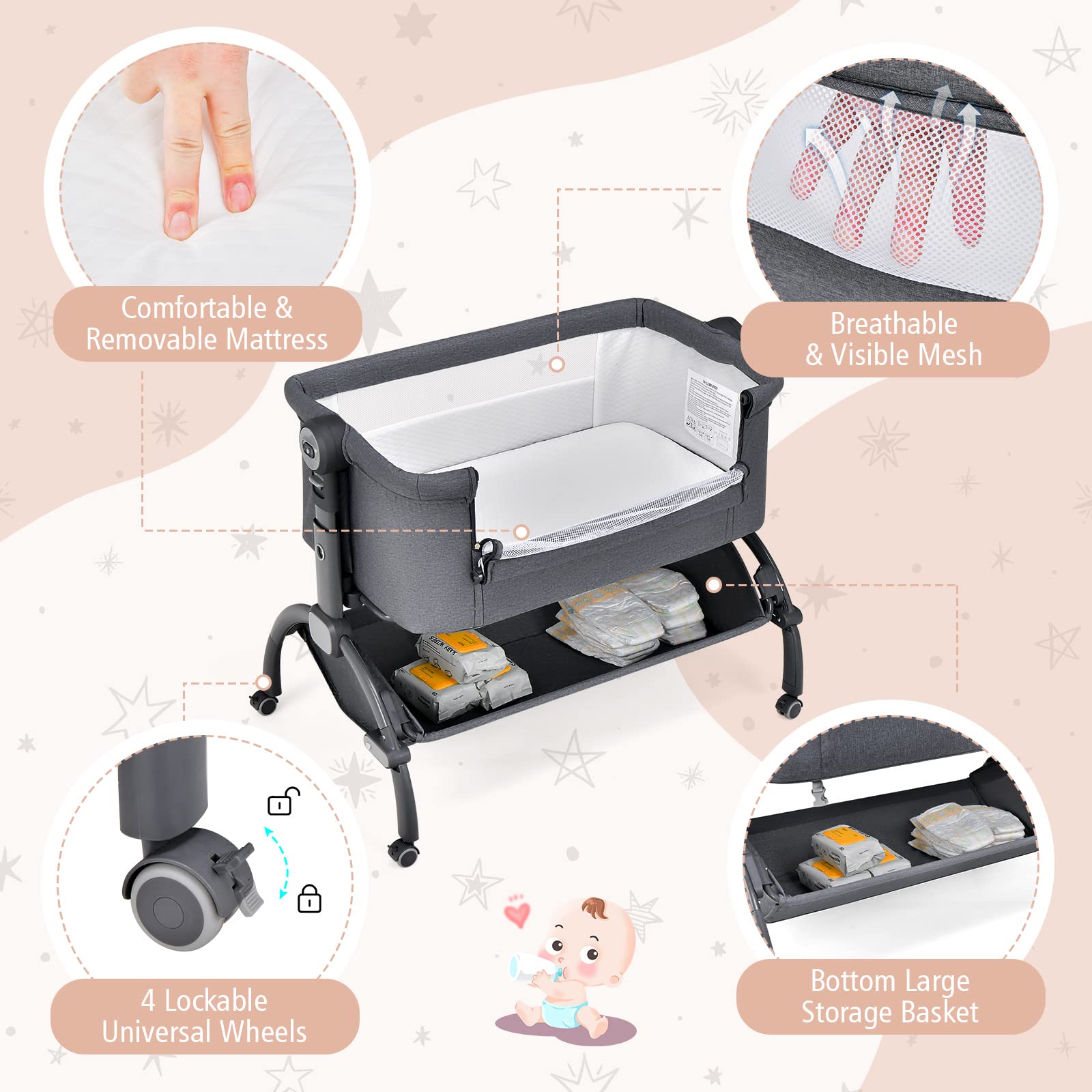 RELAX4LIFE Culla Neonato Fianco Letto, con Materasso, Zanzariera Cinghia Fissaggio, Regolabile In Altezza 7 Posizioni, Borsa di Trasporto, per Bambini 0-6 Mesi fino a 9kg (Grigio1)
