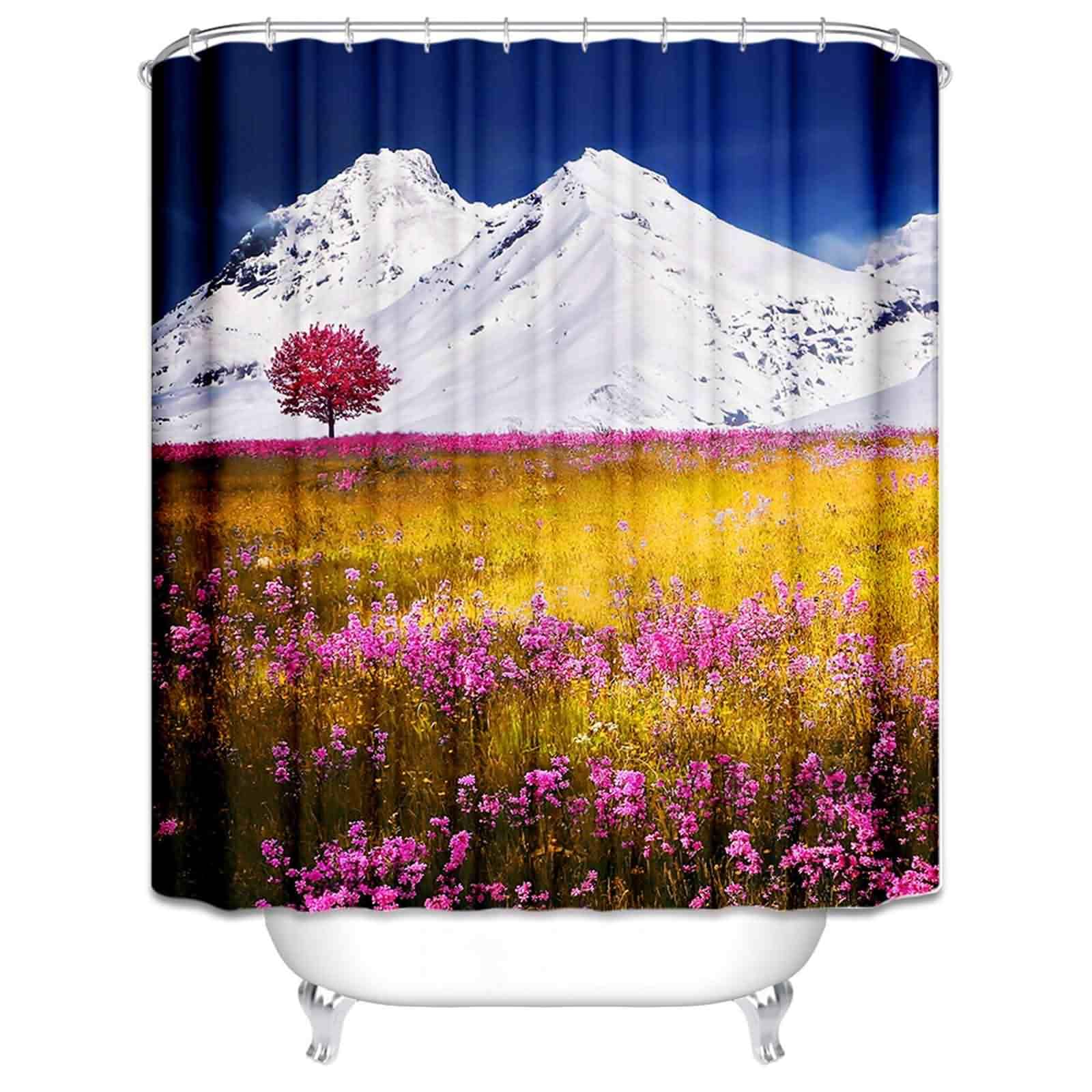 Rideau de douche luxe industriel 180x180cm motif fleurs et montagne extra long