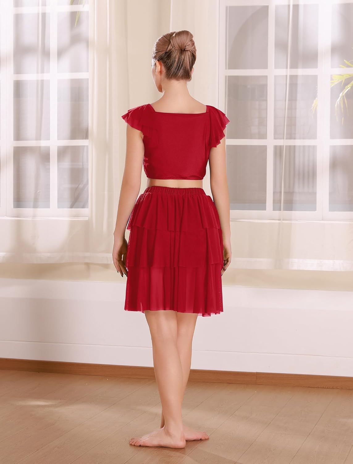 ODASDO Women Lyrical Dance Costumes Sequin Tank Crop Top + Mesh Tulle Leotard Skirt Two Piece Outfit XS-XL - Image 3