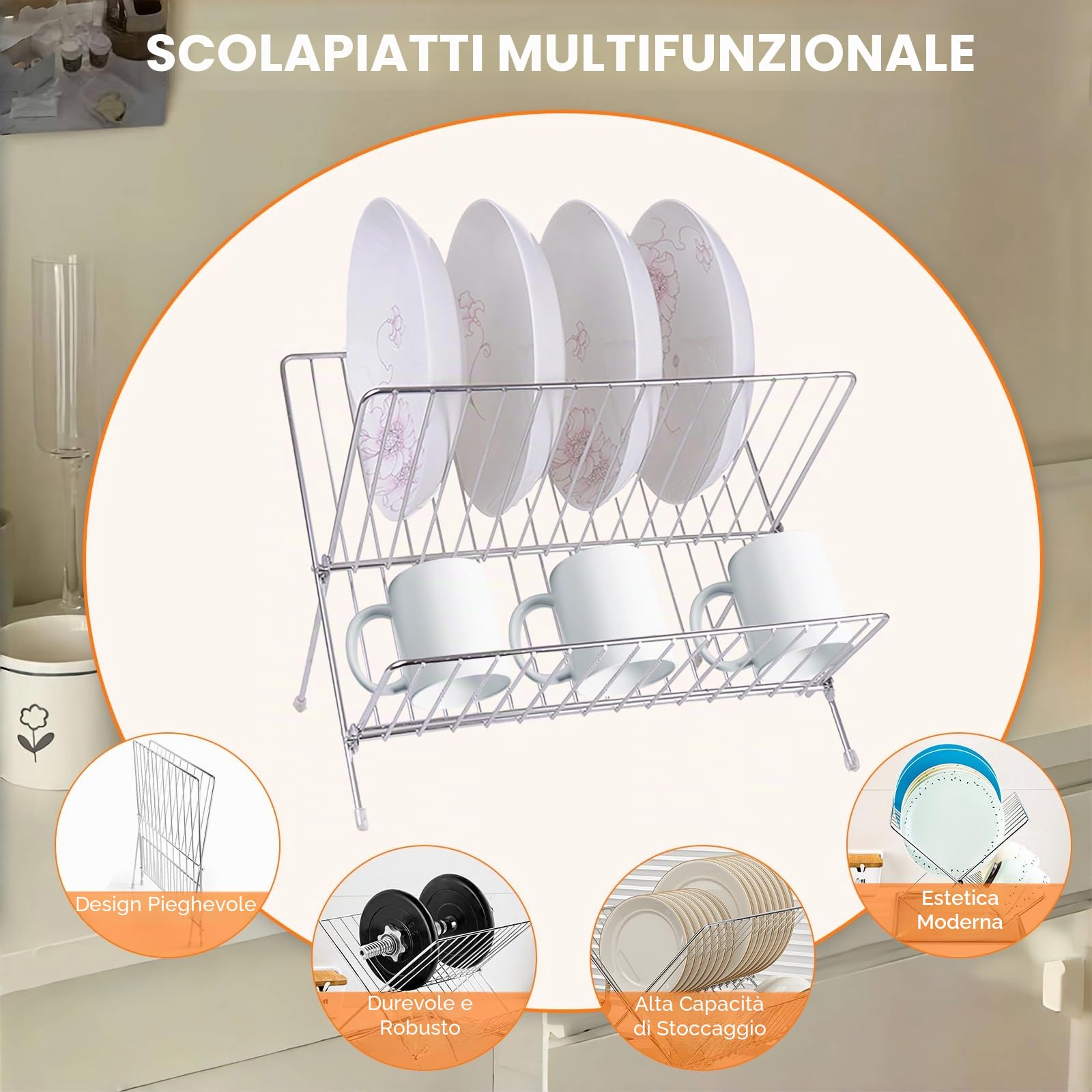 Scolapiatti Pieghevole in Acciaio Inossidabile a 2 Livelli di plplaaoo, con Vassoio Raccogligocce, Ideale per Stoviglie, Scolapiatti Pieghevole per Lavello della Cucina, Piano di Lavoro