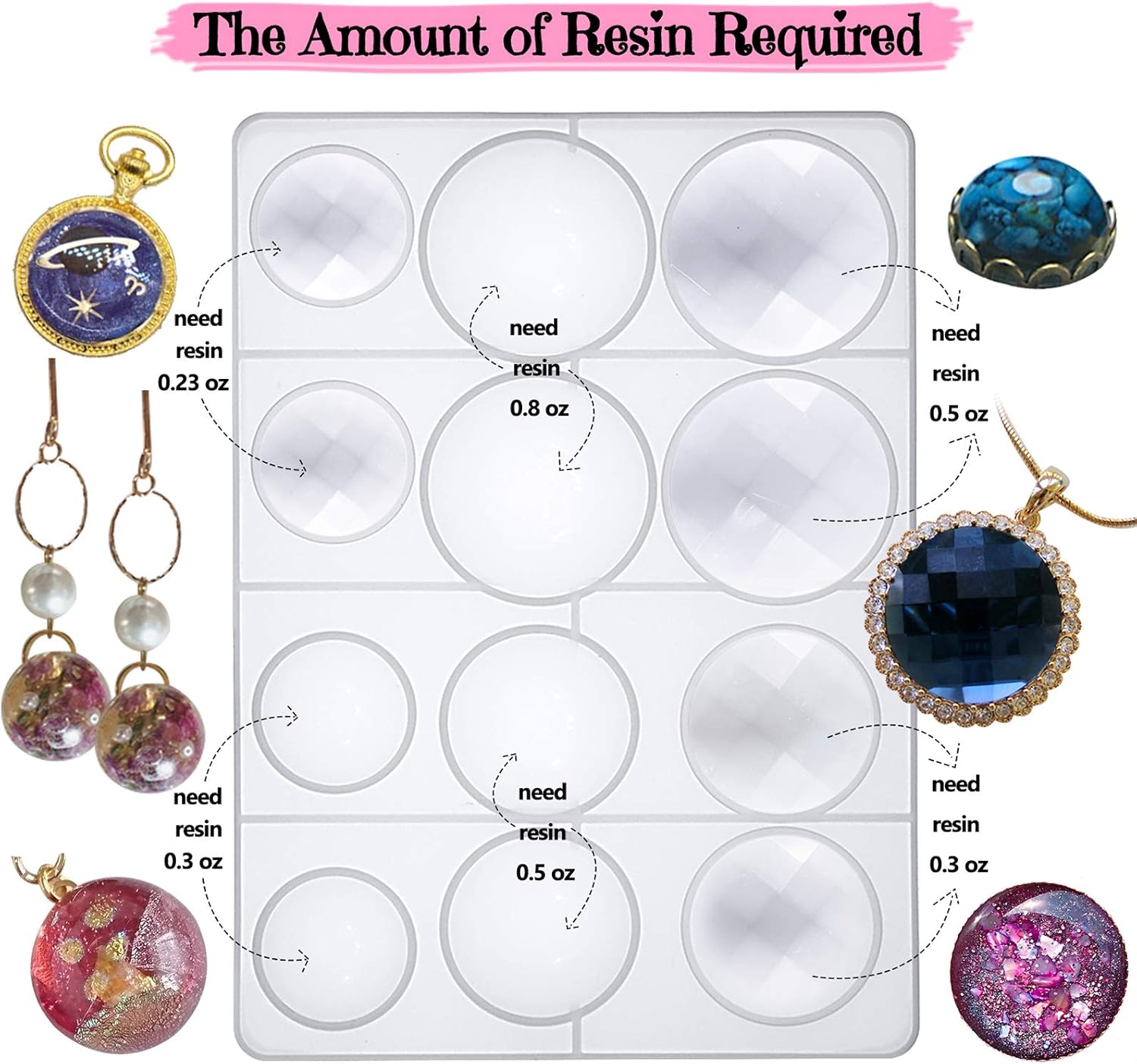 FUNSHOWCASE Resin Silicone Cabochons Mold Jewelry Casting Set of Round Diamond Trays, Film, Chain Earrings and Bracelet Bezels, Necklace, Findings 288-Kit