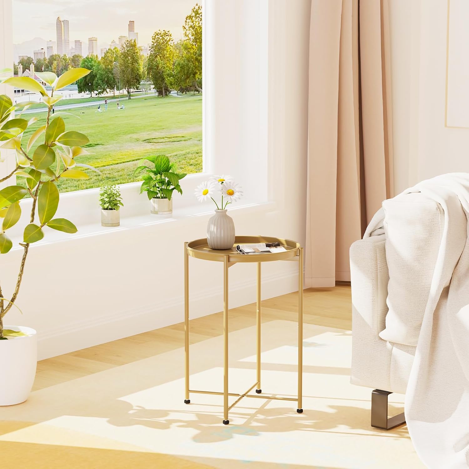 Garden 4 you Small Side Table, Gold Mini Round End Table, Tray Table with Metal Frame, Modern Nightstand for Living Room, Bedroom, Patio, Small Space, 2pcs
