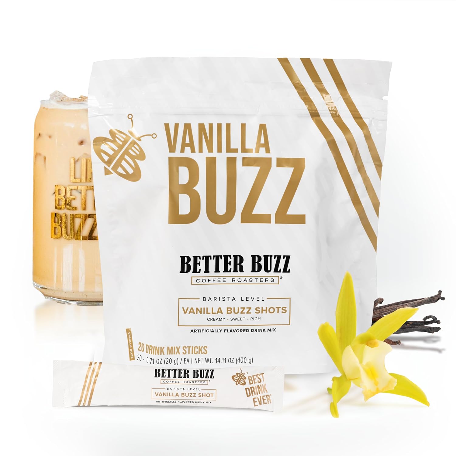Better Buzz Vanilla Coffee Creamer Sticks - 20ct., Instant Creamer Packets, Vanilla Flavored Powdered Creamer for On-the-Go Coffee Enjoyment