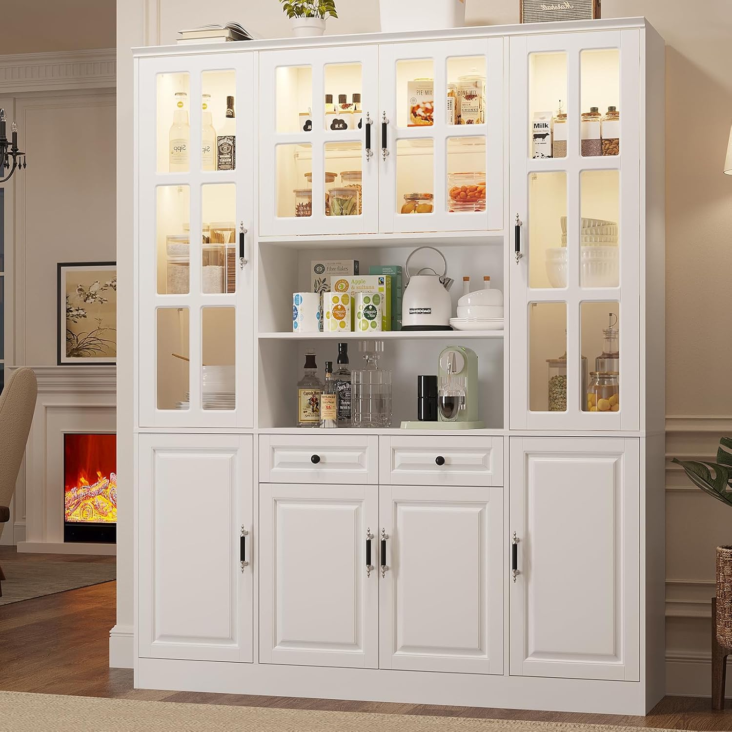 MEISSALIVVE Kitchen Pantry Storage Cabinet with LED Lights, 78.7" Tall with Glass Doors & Drawers, Freestanding Utility Cabinet, White (63" W x 15.7" D)