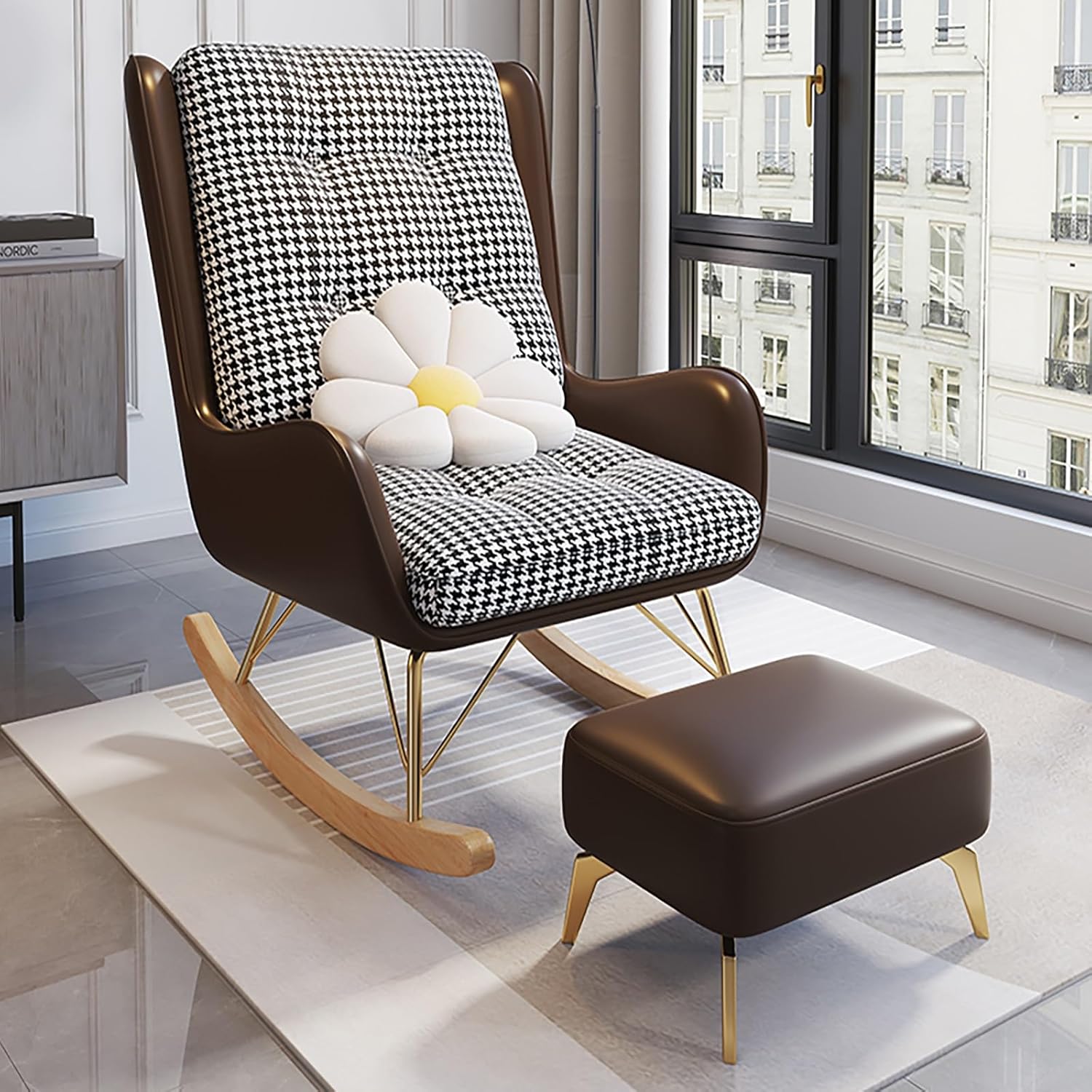 Oversized Rocking Chair with Cushion, Modern Accent Rocking Chair with PU and Solid Wood Legs, Rocking Chairs with Ottoman, Honeycomb Three-Dimensional Backrest for Bedroom, Living Room(Gray)