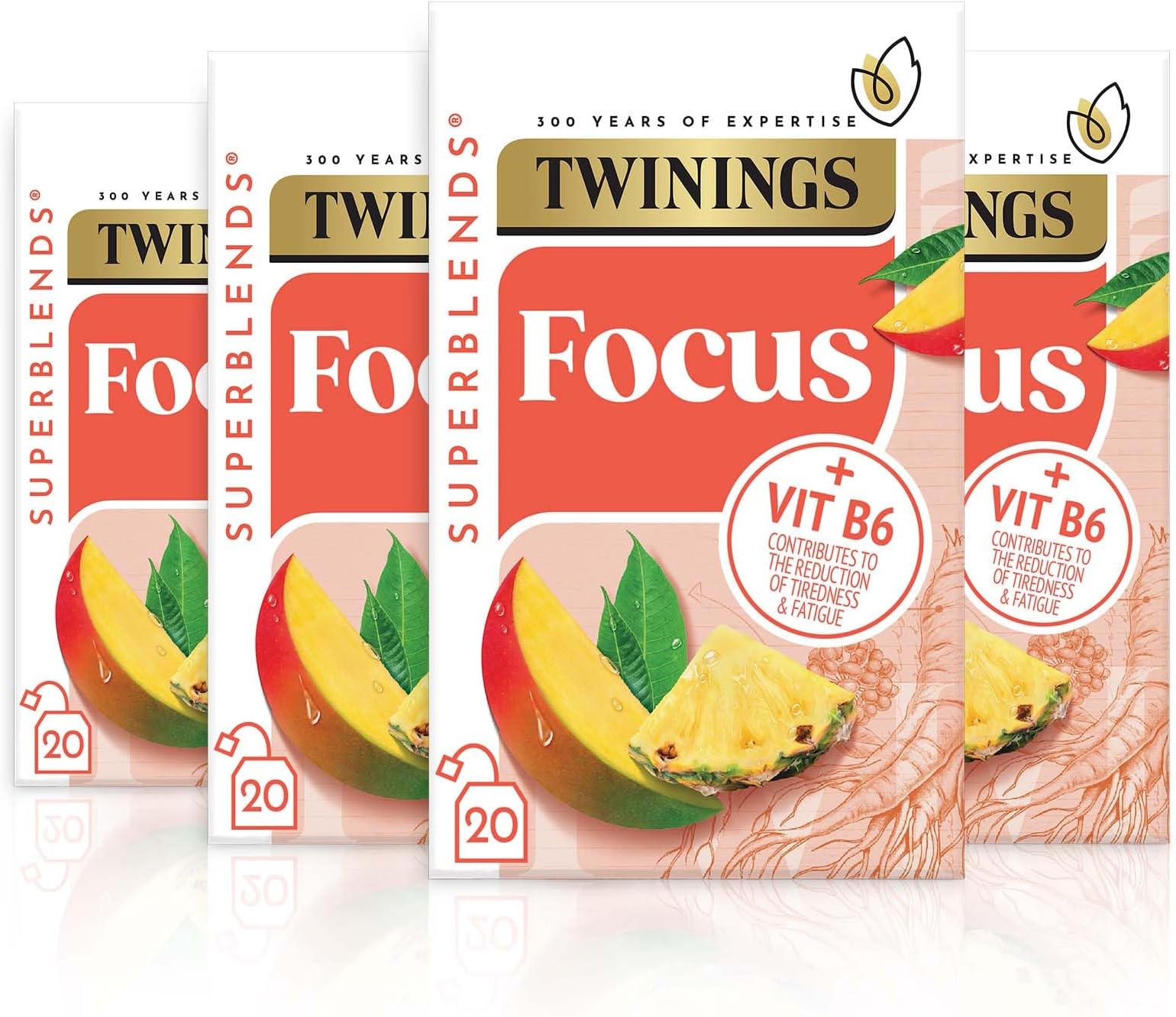 Superblends Focus Tea - Mango & Pineapple Herbal Tea Infusion with Ginseng & Vitamin B6 - Caffeine Free Energy Boost, 80 x Biodegradable Tea Bags