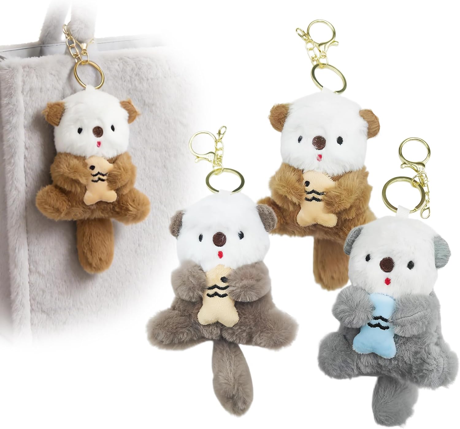3Pcs Sea Otter Keychain Set (Brown, Blue, Khaki) – Soft Plush Otter Keychain for Women & Best Friends – Matching Stuffed Animal Bag Charm for Handbags, Purses & Car Keys – Aesthetic Accessories