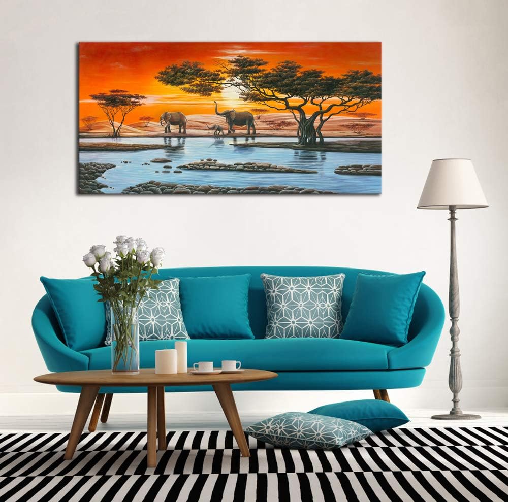 Wieco Art African Elephants Giclee Canvas Prints Wall Art Modern Extra Large African Landscape Animals Paintings Reproduction Pictures Artwork for Living Room Home Decorations