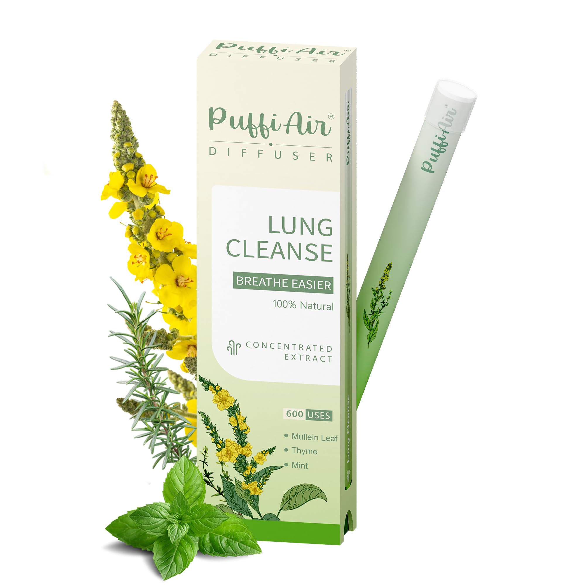 Mullein Herbal Diffuser Upgraded with Extracts of Mullein, Thyme and Mint for Cleansing Lungs, Improving Breathing and Oral Air Freshening - 600 Uses 1 Stick, 1 Pack