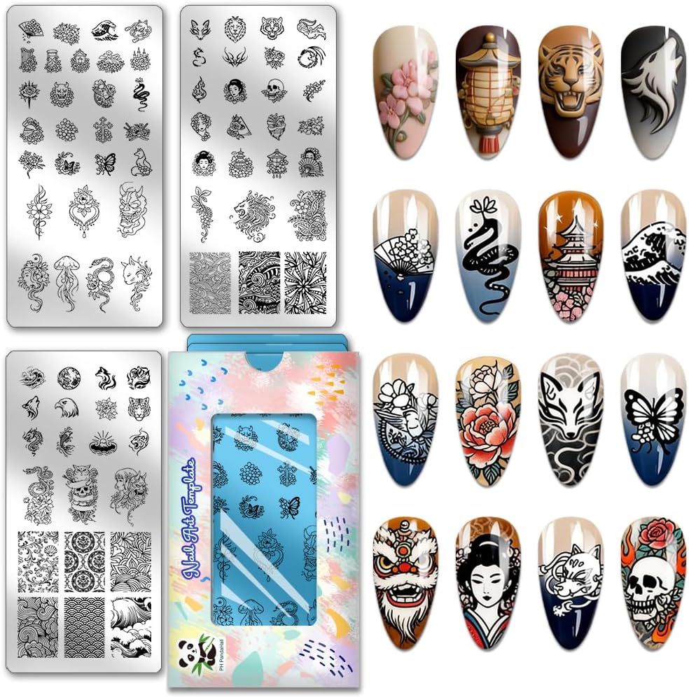 PH PandaHall 3pcs Japanese Style Nail Stamping Plates Lion Tiger Nails Art Stencils Heart Snake Skull Nail Art Templates Flower Wave Nails Image Plates for Women Manicures Salon DIY Printing Design