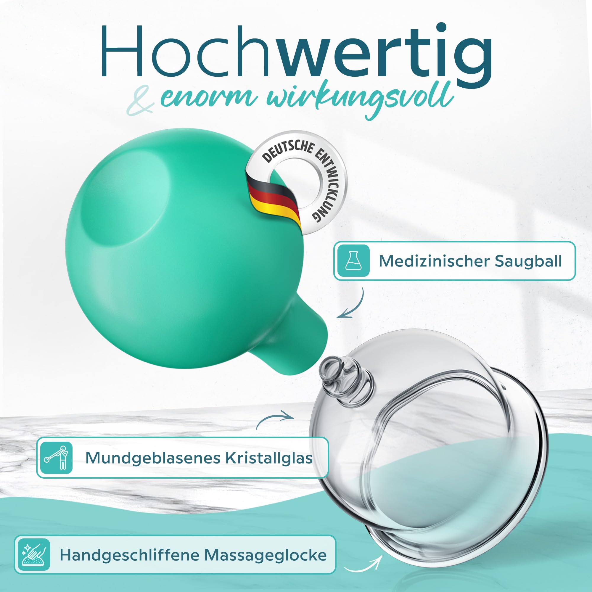 KURGLAS [Das Original] Schröpfgläser aus Echtglas [5 Stück] - Medizinische Schröpfen mit Saugball & Faszienschaber - mit starker Saugleistung - Schröpfset mit e-Book - Gegen Verspannungen & Cellulite