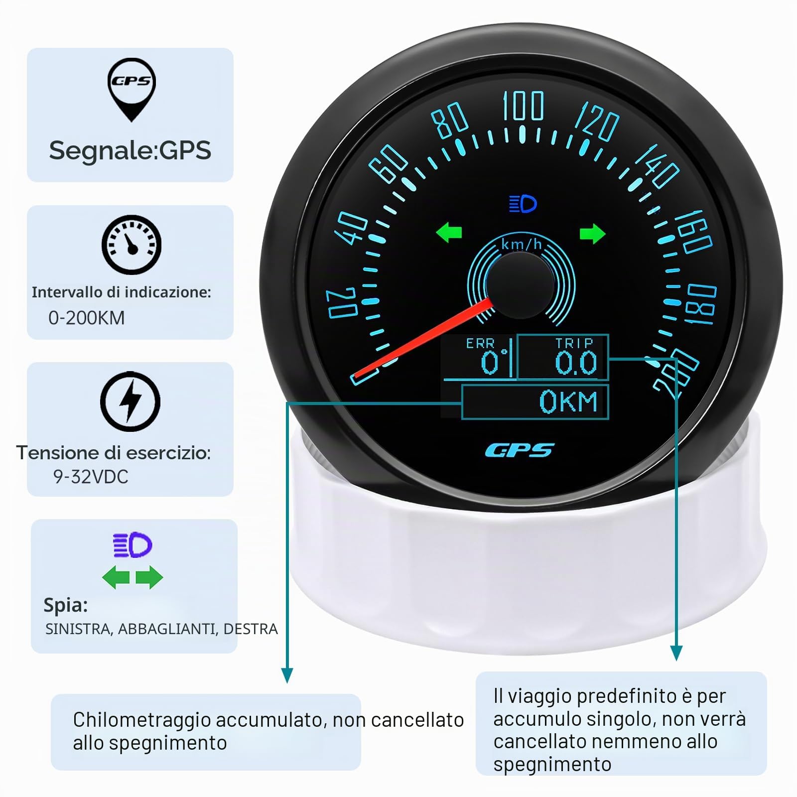 Tachimetro GPS da 85 mm, 0-200 km/h, impermeabile, per chilometri da viaggio COG, per auto, camion, moto, 7 colori retroilluminati