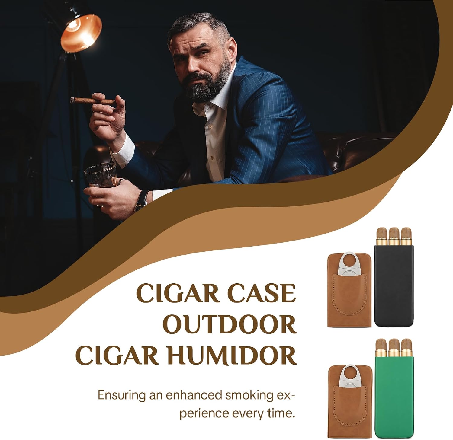 Leather Cigar Case,Travel Humidors for 3 Cigars,Travel Airtight Cigar Box Include Stainless Steel Cigar Cutter,Cigar Accessories Cigar Gifts for Cigar Lovers (Brown & Black)
