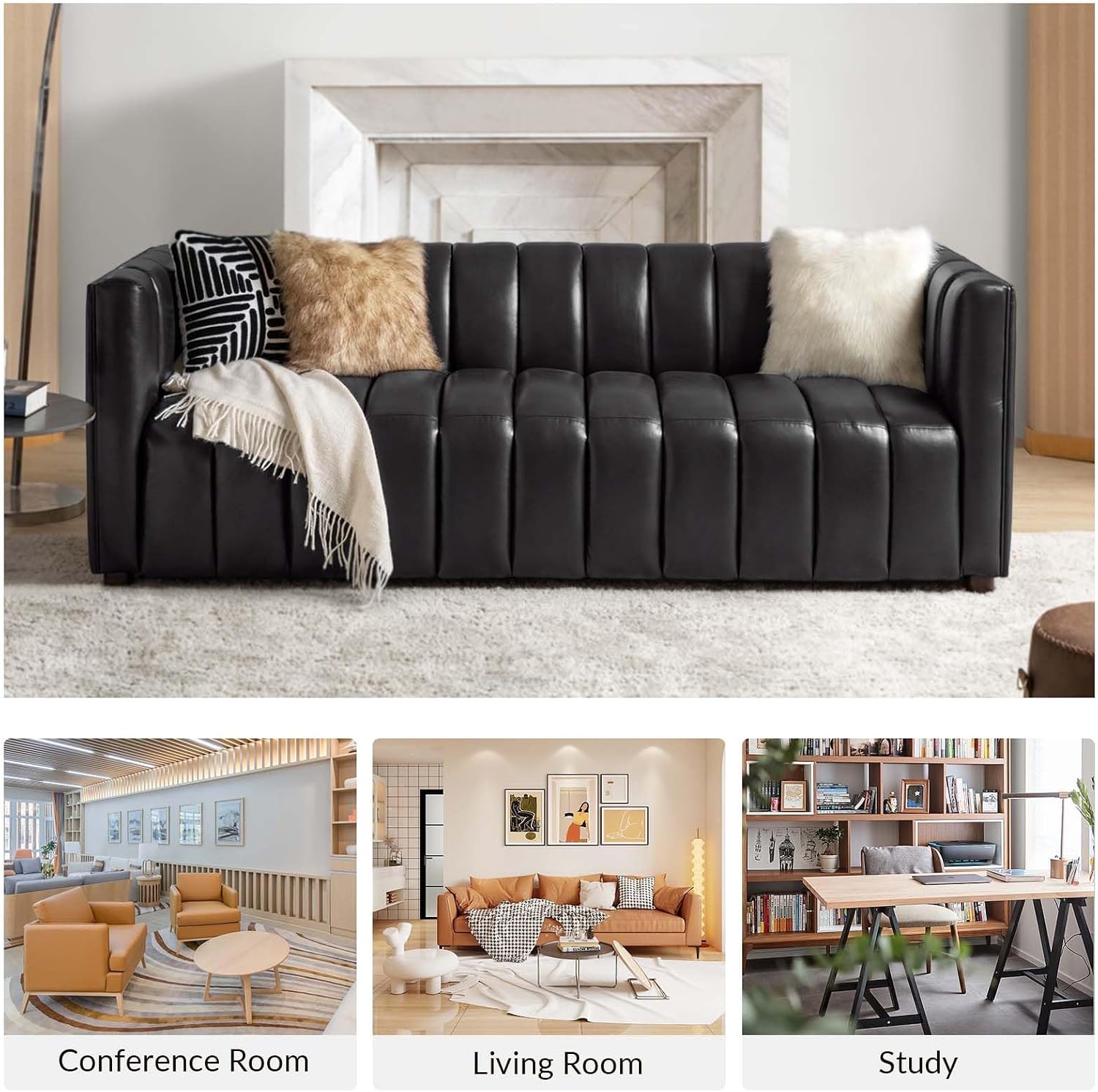 HULALA HOME 83" Black Leather 3-Seater Sofa Channel Tufted Wood Legs Modern Design