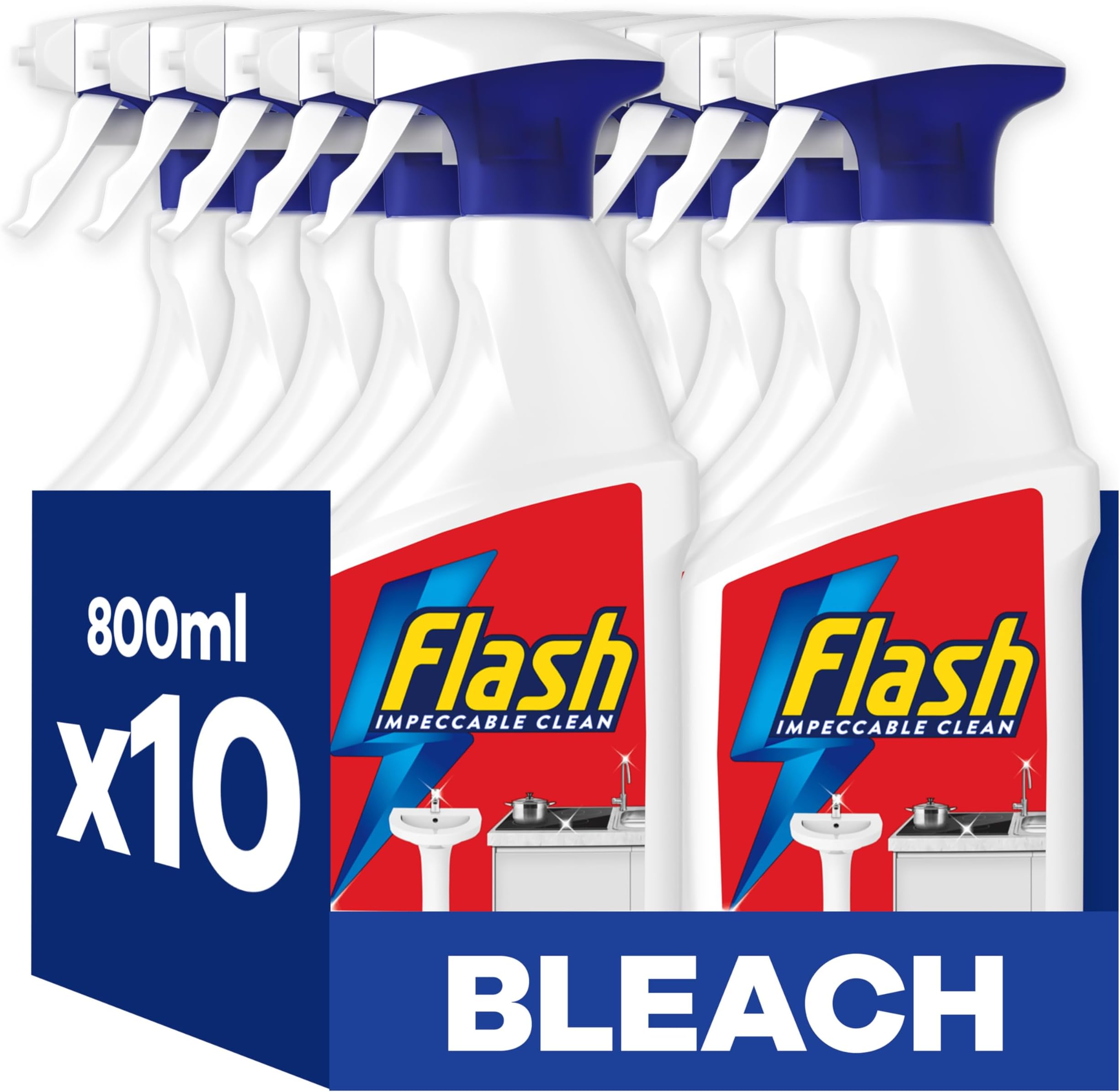 Flash Multi Purpose Bleach Cleaning Spray, For Hard Surfaces, Kitchen Cleaner Sprays, 8 L (800ML x 10)