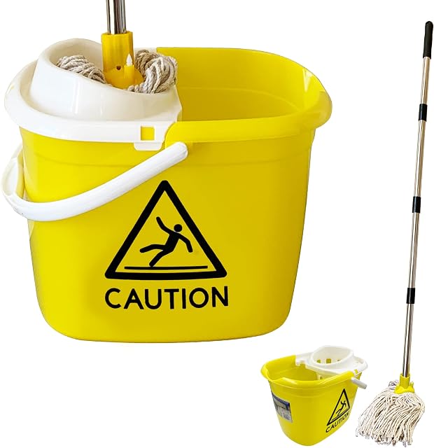 String Mop and Bucket Set, Comes with 12L Mop Bucket with Wringer and Wet Floor Caution Sign, Pure Yarn Cotton Mop with 120cm Metal Handle, Industrial & Commercial Yellow Mop Bucket Plus Floor Mop