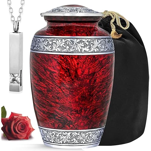 Hand-Engraved Red Urn for Ashes for Women & Men with Necklace for Ash & Velvet Bag | Red Marble Finish Metal Cremation Urns for Human Ashes Adult Man | Elegant Burial & Funeral Urn - Large, 220 lbs