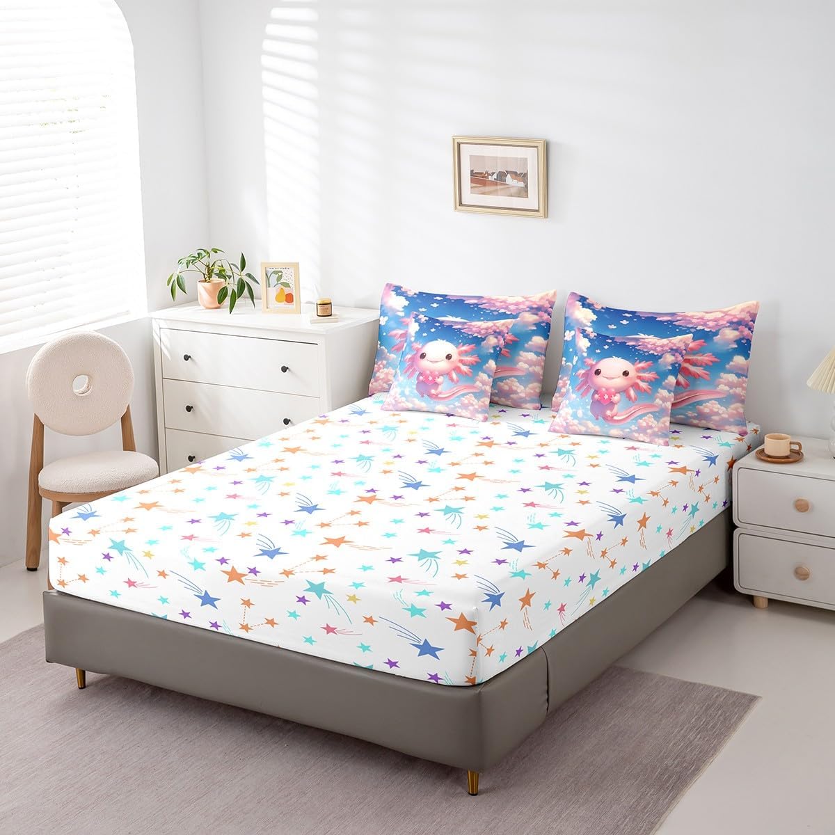 Feelyou Kids Cute Axolotl Bed in A Bag Twin Size, Sealife Comforter Set with Sheets Cartoon Salamander 7 Pieces Bedding Set Boys Girls Cherry Blossoms Teens Bed Set Bedroom Decor 7Pcs