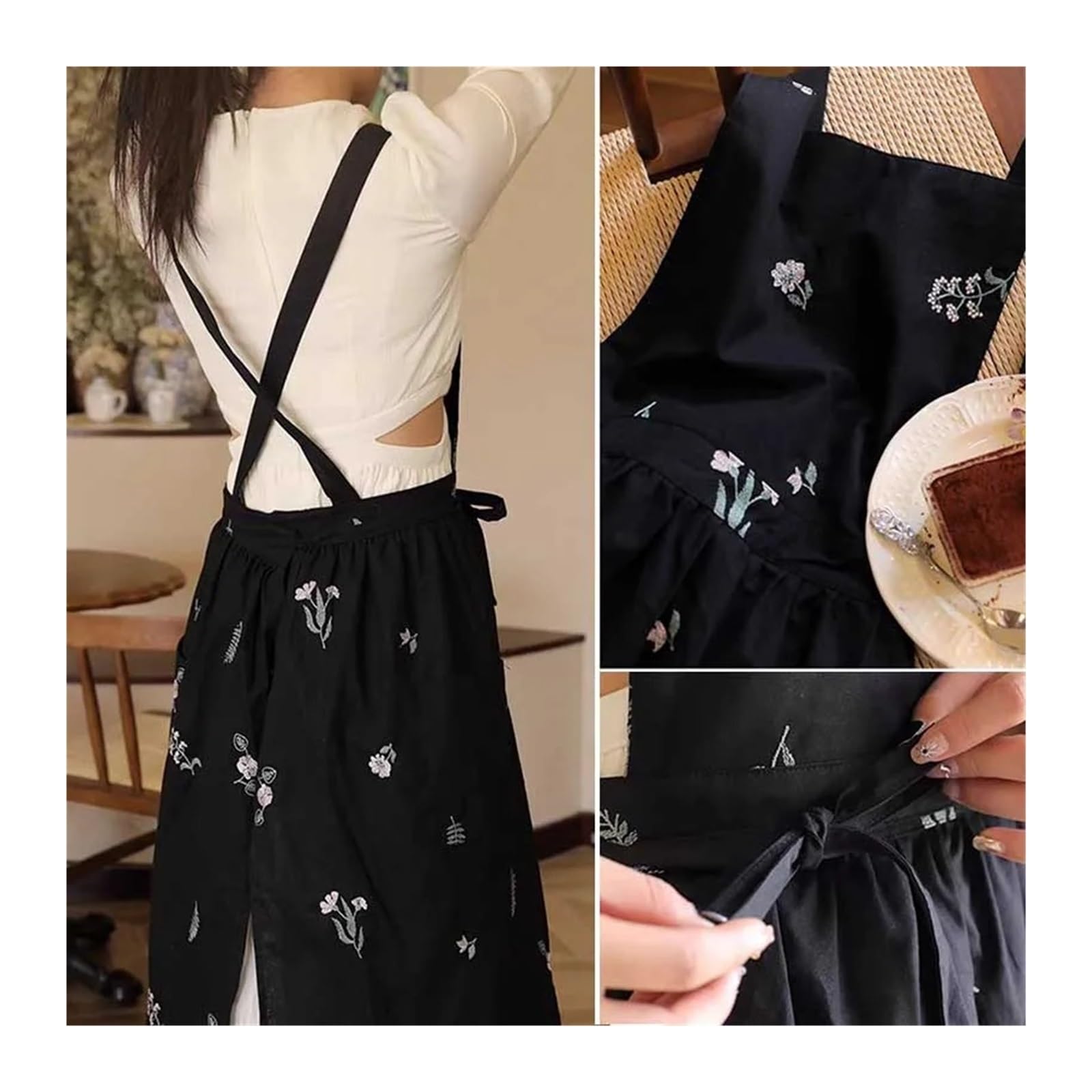 Tela Grembiuli Grembiule da donna in cotone impermeabile ricamato, con incrocio sul retro, a pieghe lunghe, utilizzato for lavori di cucina