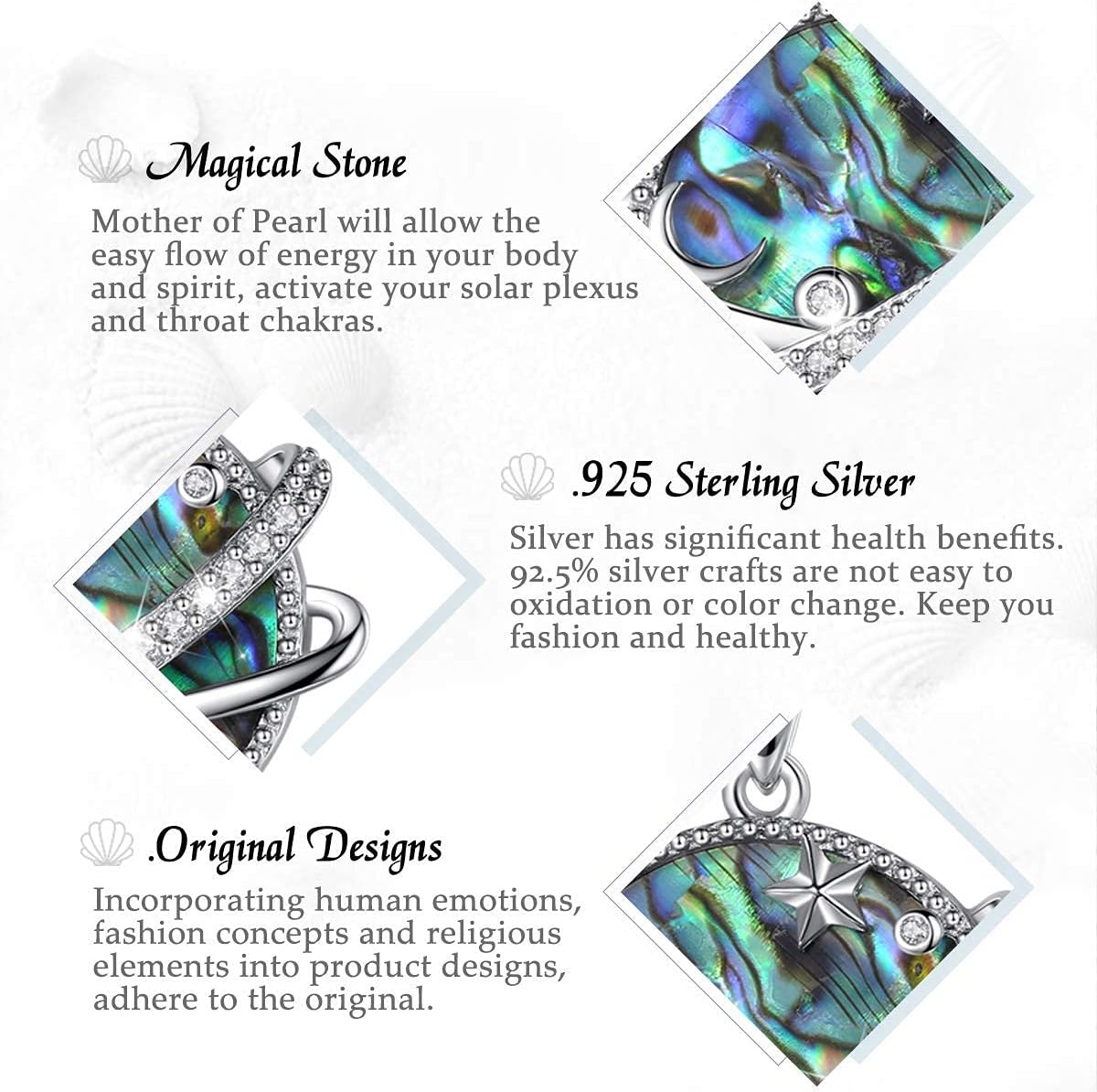 INFUSEU 2 Pack Sterling Silver Necklaces for Women Girls - Abalone Moon Star & Celtic Four Leaf Clover Pendant, 18" Chain