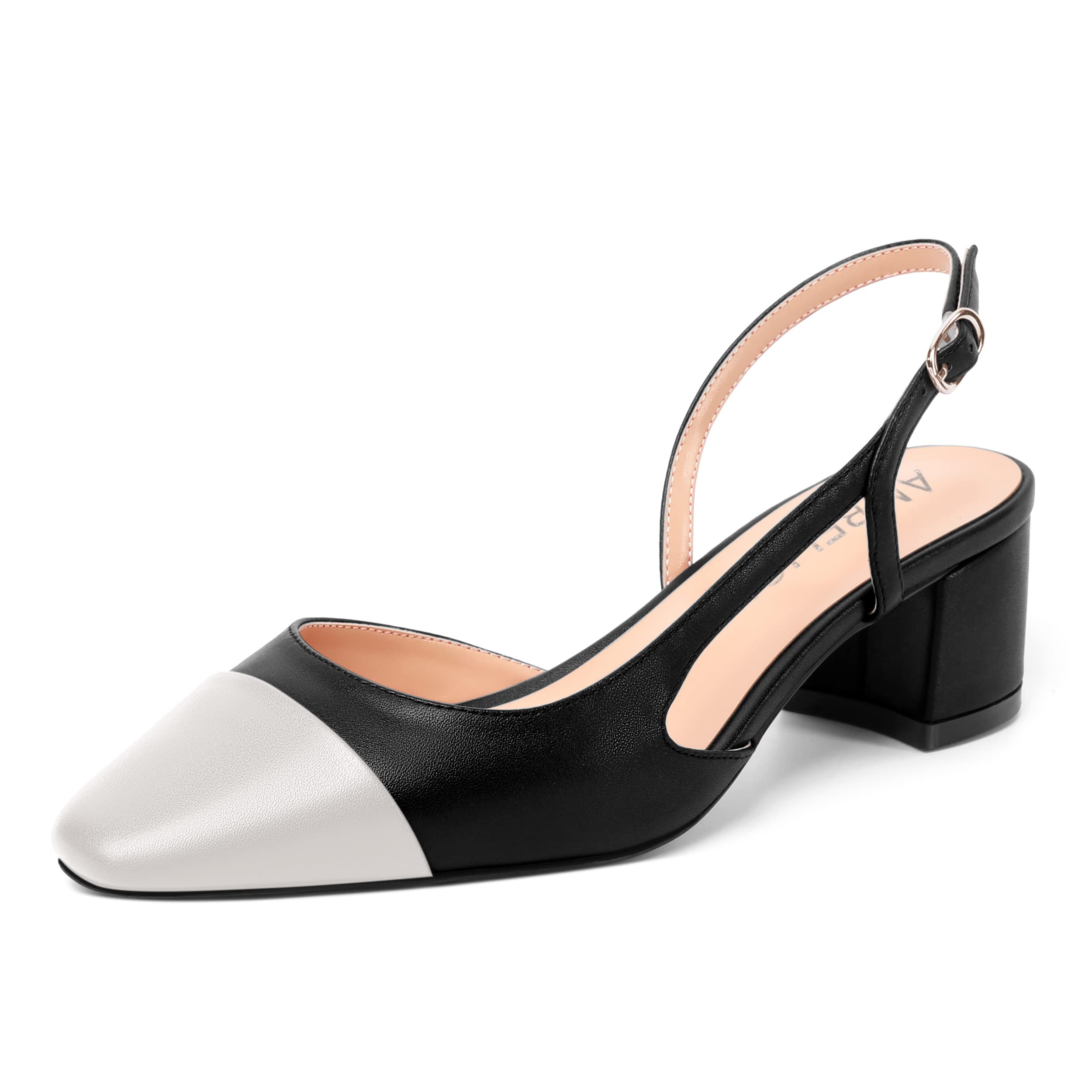AMBELIGHTWomens Two Tone Buckle Matte Evening Square Toe Slingback Dress Chunky Low Heel Pumps Shoes 2 Inch