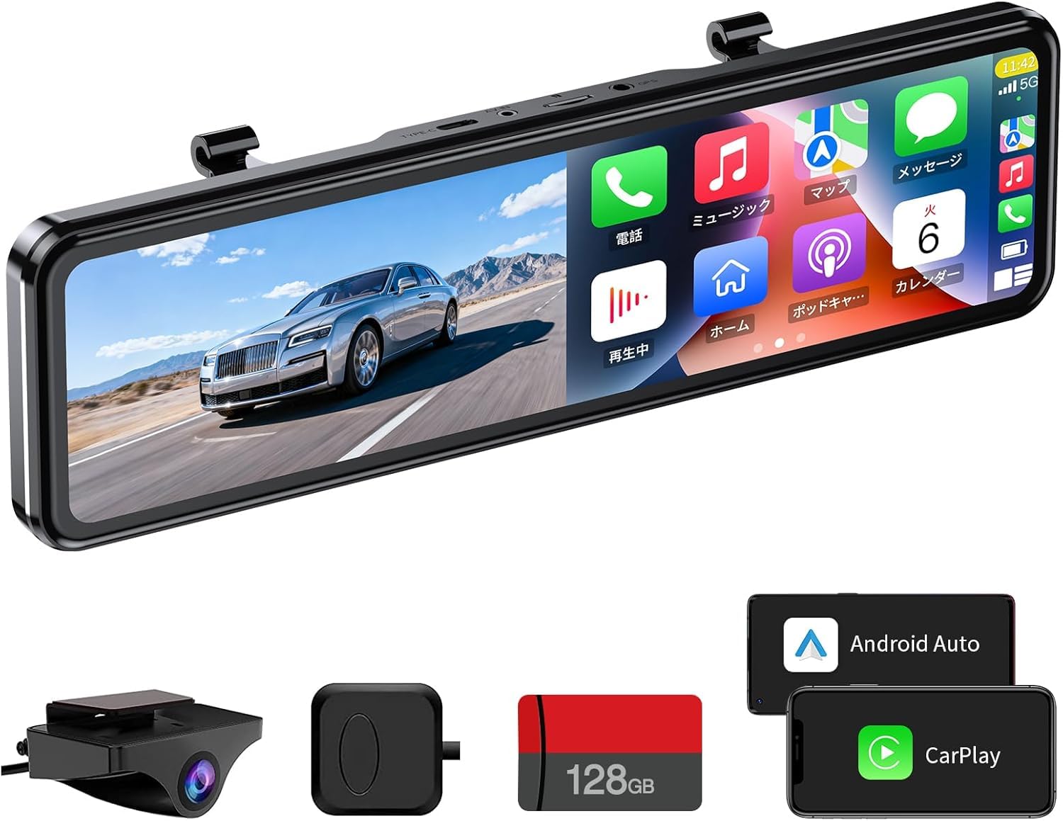 OKYES T16 ドライブレコーダー ミラー型 CarPlay対応 AndroidAuto対応 ナビ/音楽/通話対応 Siri/Googleアシスタント利用可能 FM送信対応 2.5K カメラズーム機能 ドラレコ 前後カメラ 11インチ Type-C電源 GPS搭載 WDR HDR スーパー暗視 バック連動 LED信号対応 24時間駐車監視 1年メーカー保証【128GBメモリカード付属】