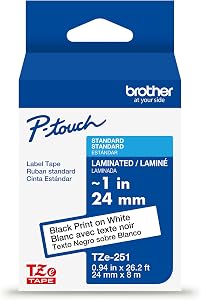 Brother Genuine TZe-251 Black on White Laminated Tape for TZe-Compatible P-Touch Label Makers, 24 mm Wide x 8 m Long