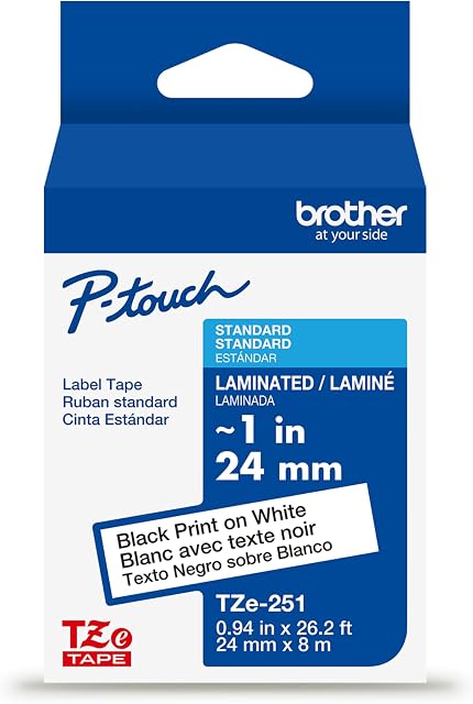 Brother Véritable TZe-251 Ruban laminé noir sur blanc pour fabricants d'étiquettes TZe-Compatible P-Touch, 24 mm Largeur x 8 m Long