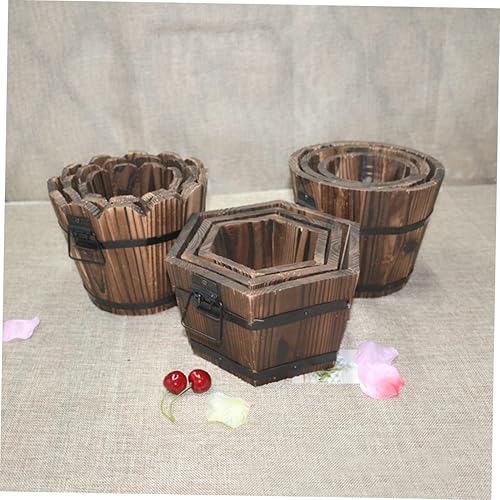 Miniatura 2 de EXQUIMEUBLE Maceta redonda para plantas de interior, maceta carbonizada de madera, maceta de boca plana, decoración del hogar, maceta carbonizada de