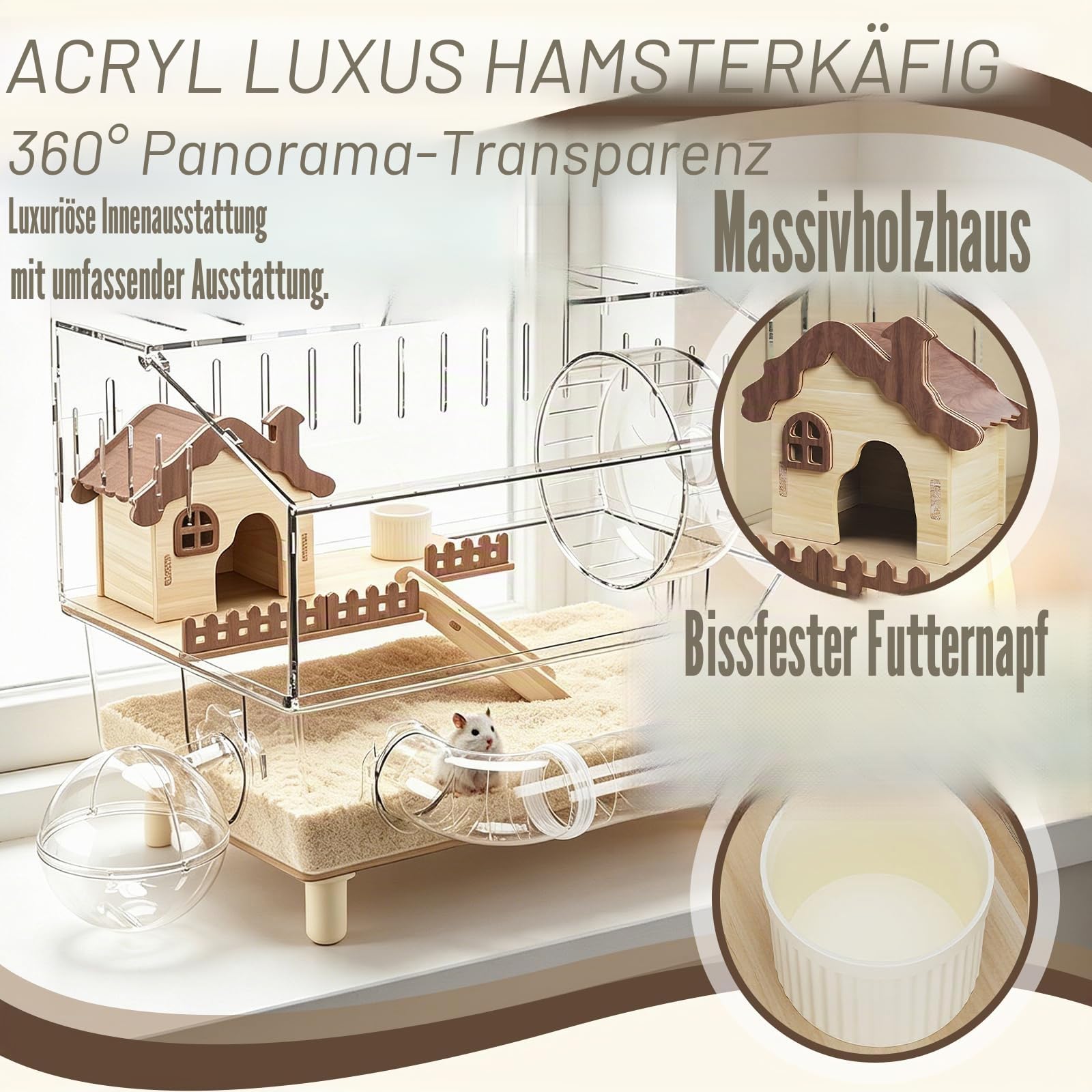 Hamsterkäfig, 43 x 30 x 34 cm Hamster Villa aus Acryl mit Ruhebereich Übungsrad Tunnel Außenbadezimmer Wasserkocher Futternapf Doppelstöckiges Hamsterhaus für Kleintiere Zuhause zum Spielen und Toben