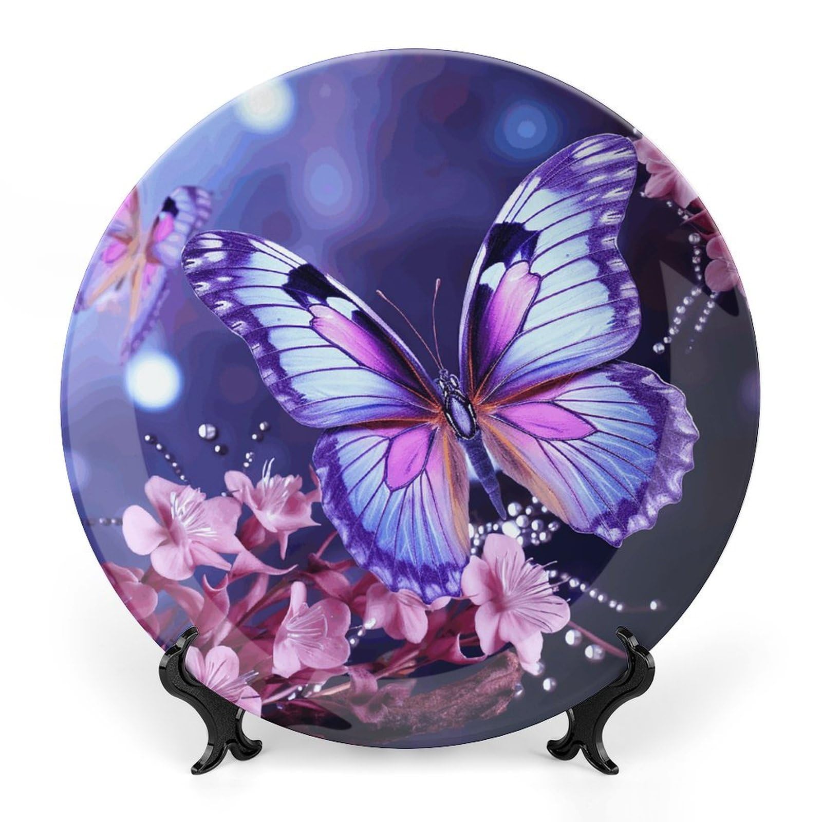 BTCOWZRV Purple Butterfly Ceramic Decorative Plate Bone China Decorative Plates with Display Stand Dinner Plates Art Crafts Ceramic Ornaments for Wall Hanging Decoration