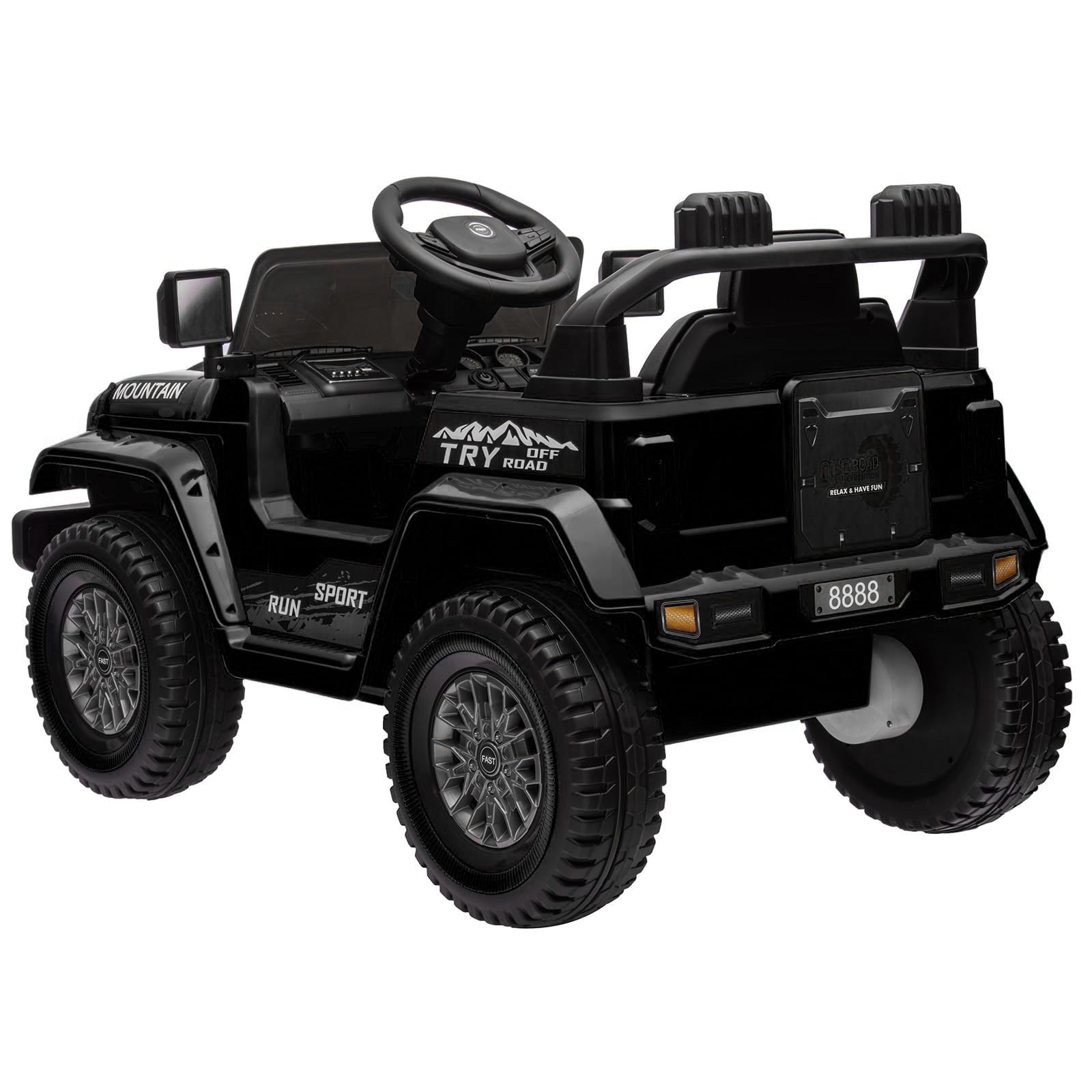 12V Kinder Elektroauto mit Fernbedienung – 2x35W Motoren, bis 5 km/h, LED-Lichter, Musik, Hupe, Federung, Sicherheitsgurt – Elektrisches Kinderfahrzeug Geschenk – Schwarz