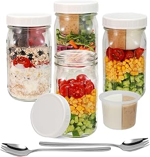 4 Pack Glass Salad Jars with Lids Meal Prep- Mason Jars 32 oz Salad Cont...