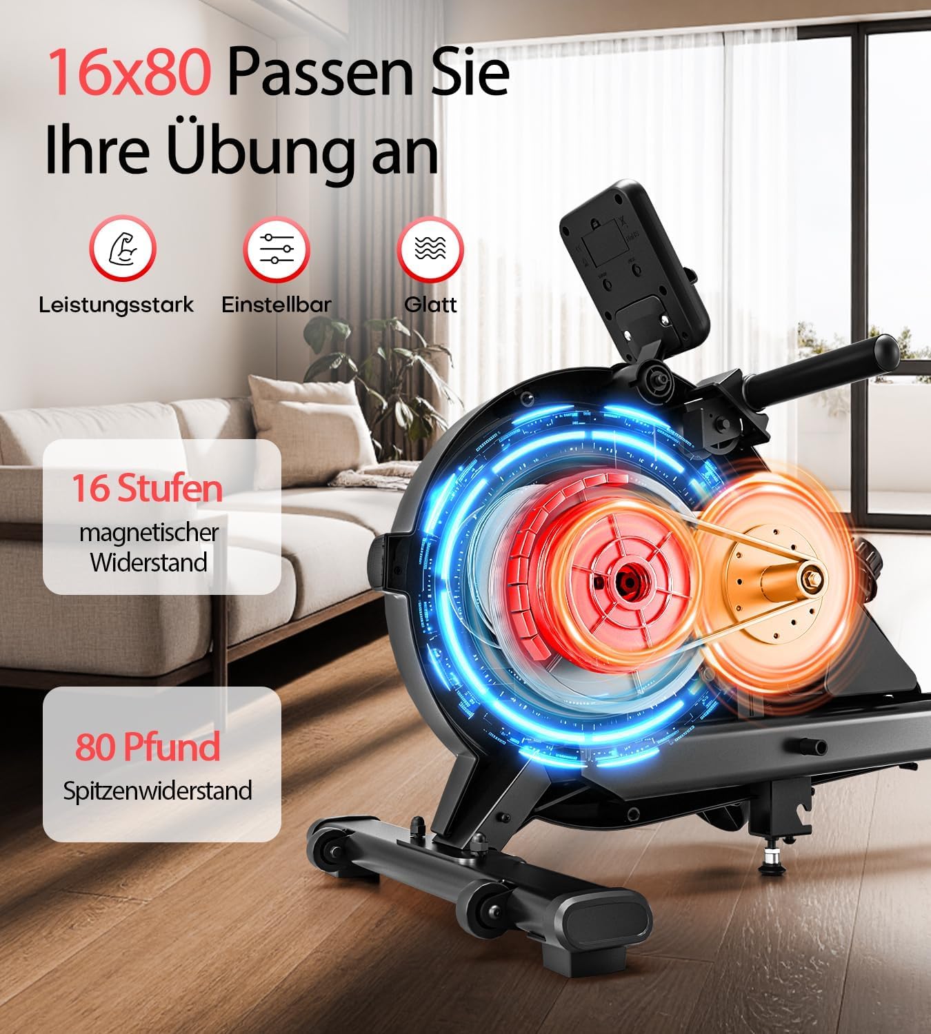 Rudergerät für Zuhause, Magnetisches Rudergerät mit 16 Widerstandsstufen, Upgrade Doppel-Slide-Rails Ultraleise, App-Kompatibel LCD-Datenanzeige, Belastbar bis 160kg, Die Wahl für Fitness