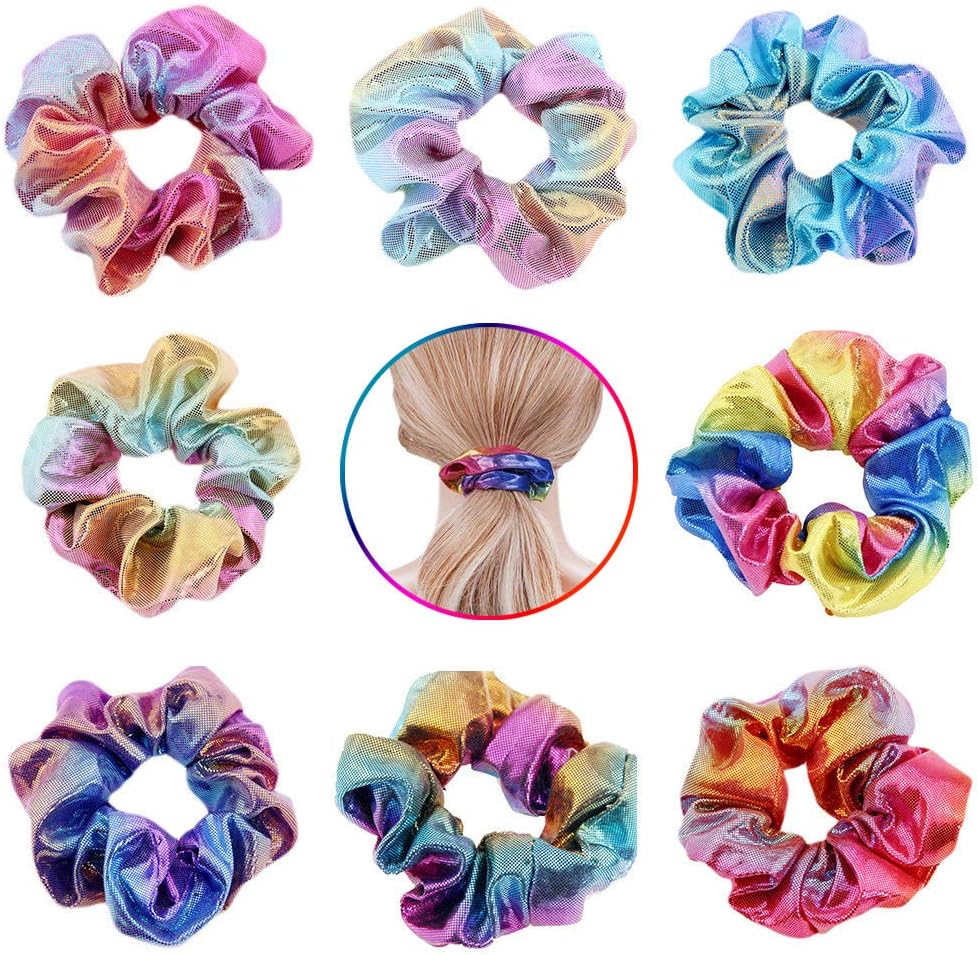 Hair Scrunchies Dazzling Rainbow, HANMEI Shiny Metallic Large Hair Scrunchie Mermaid Hair Bow Elastics Ponytail Holder Hair Ties for Women or Girls (Rainbow 8-Pack)