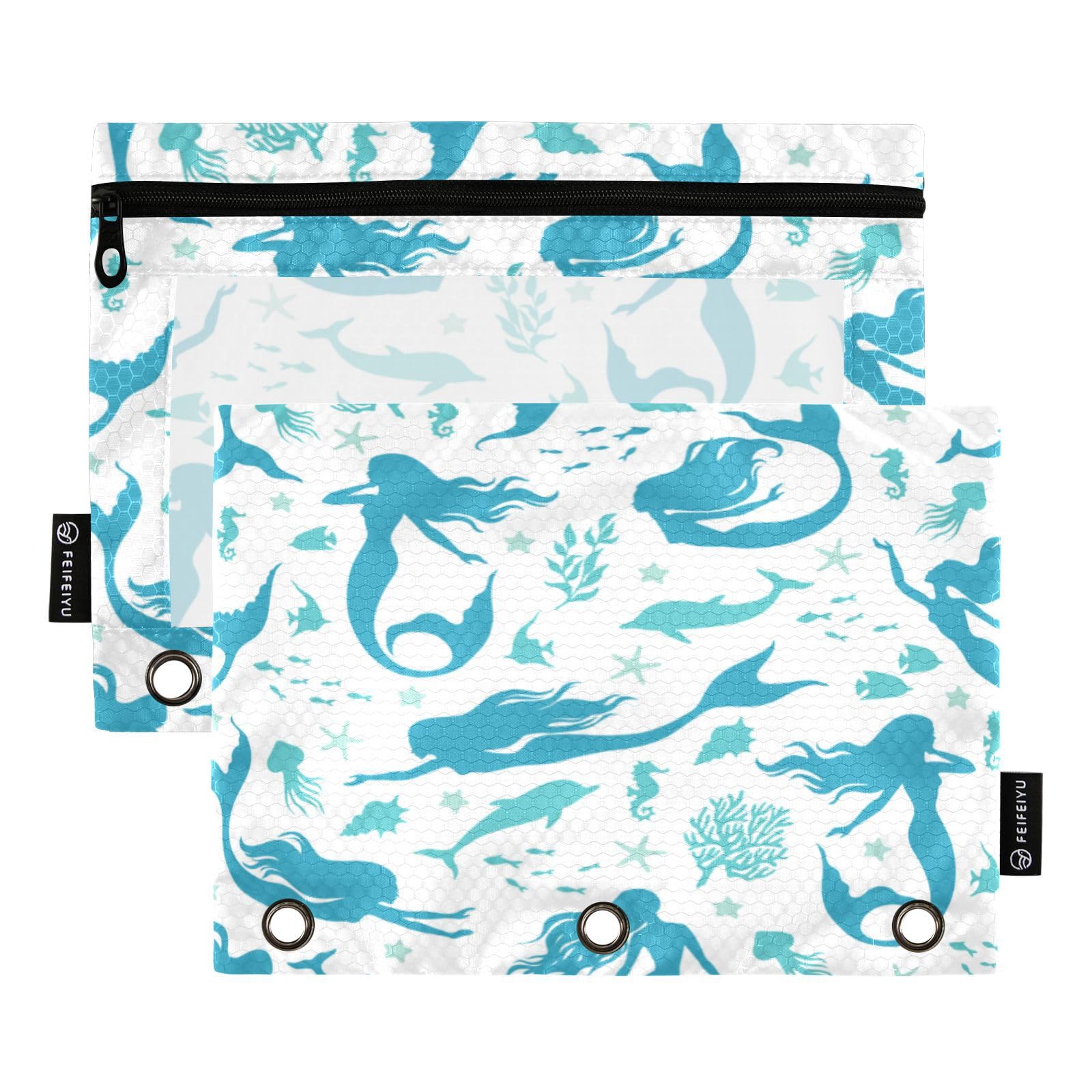 Eionryn Mermaid Fish Dolfins Pencil Pouch For 3 Ring Binder Pencil Case Zipper Pencil Bag With Clear Window For School Office 2 pack
