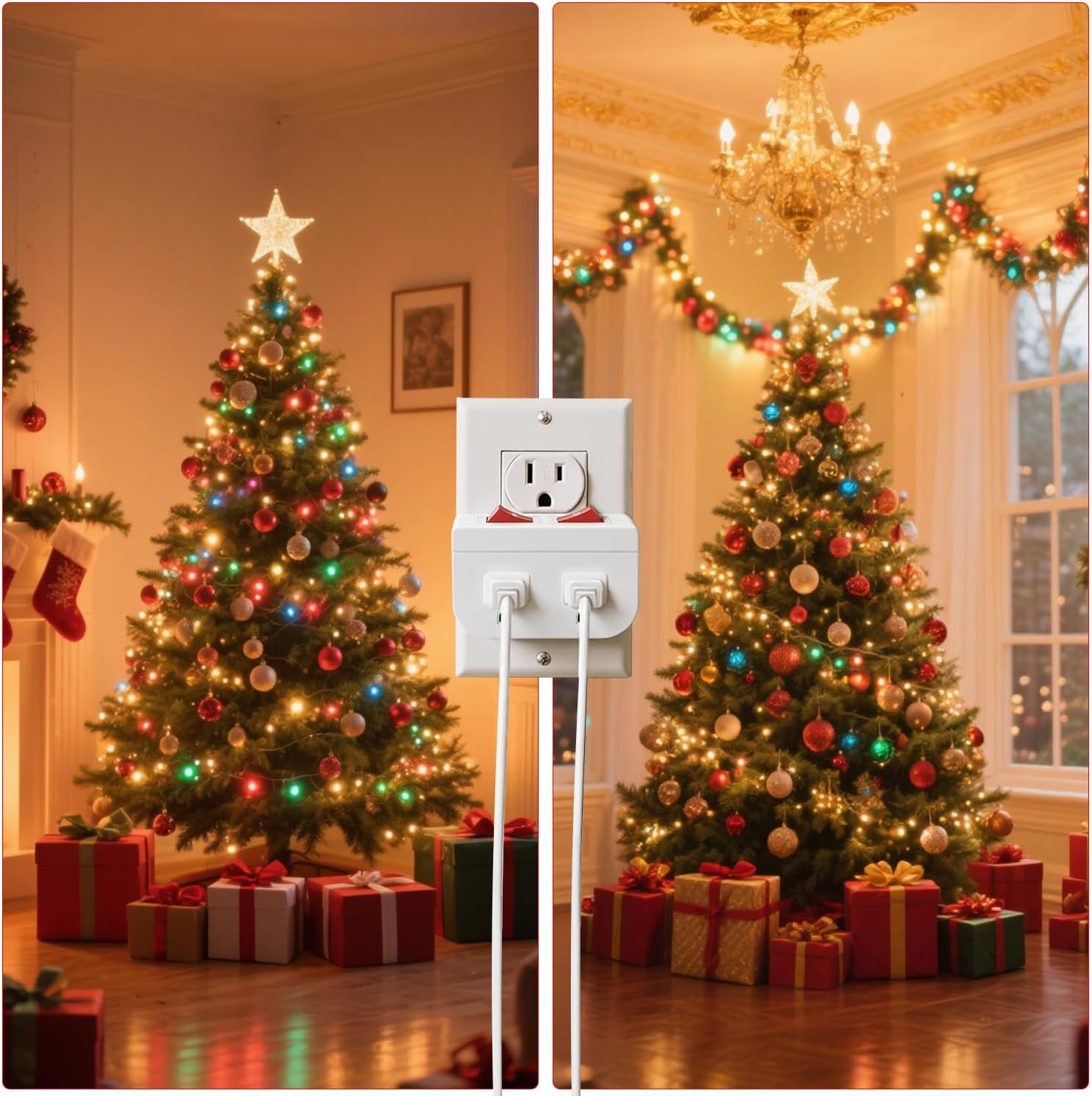 Oviitech Grounded Outlet Wall Tap Adapter with Red Indicator On/Off Power Switch (3 PK/Double Switch)