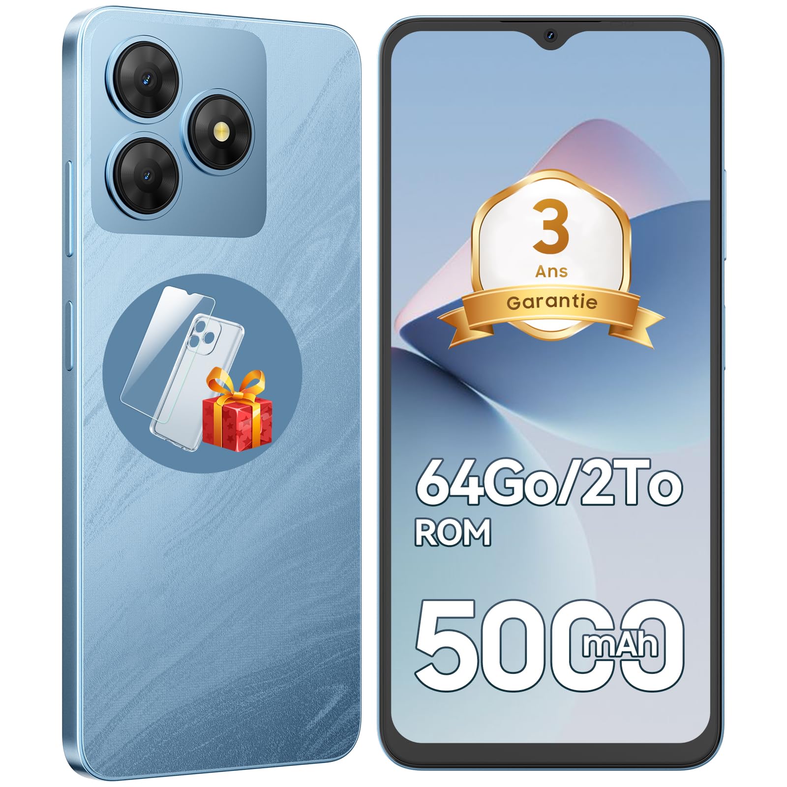 Telephone Portable Android, 6Go+64Go/TF 2To, Octa Core, Écran 6.56" HD+, Batterie 5000mAh Smartphone, 13MP+8MP, Smartphone Pas Cher 4G Dual SIM, Face ID/GPS/3Ans De Garantie - Bleu