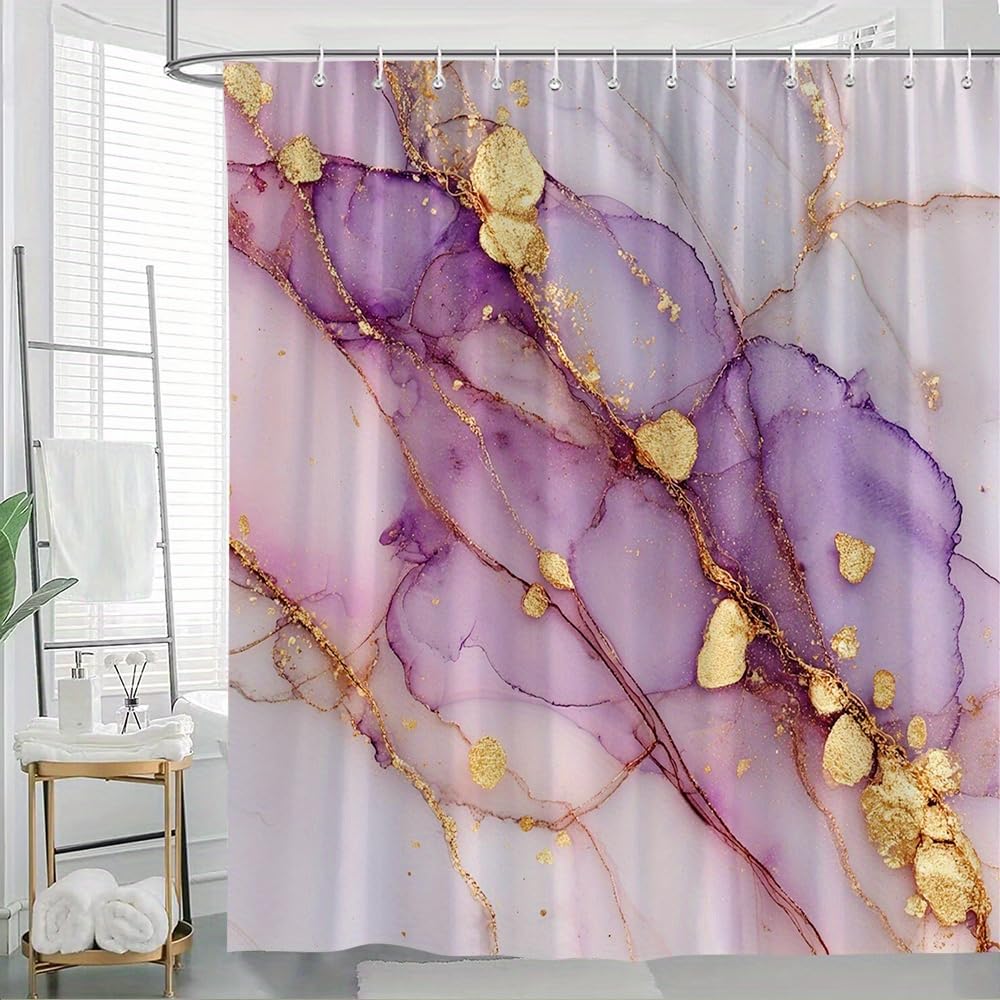 GLWDMB 1 Piece 150x180CM Purple And Golden Marble Swirl Pattern Printed Shower Curtain With Hook, Polyester, for Windows And Walls, Bathtub, Bathroom, Machine Washable, All Season Universal