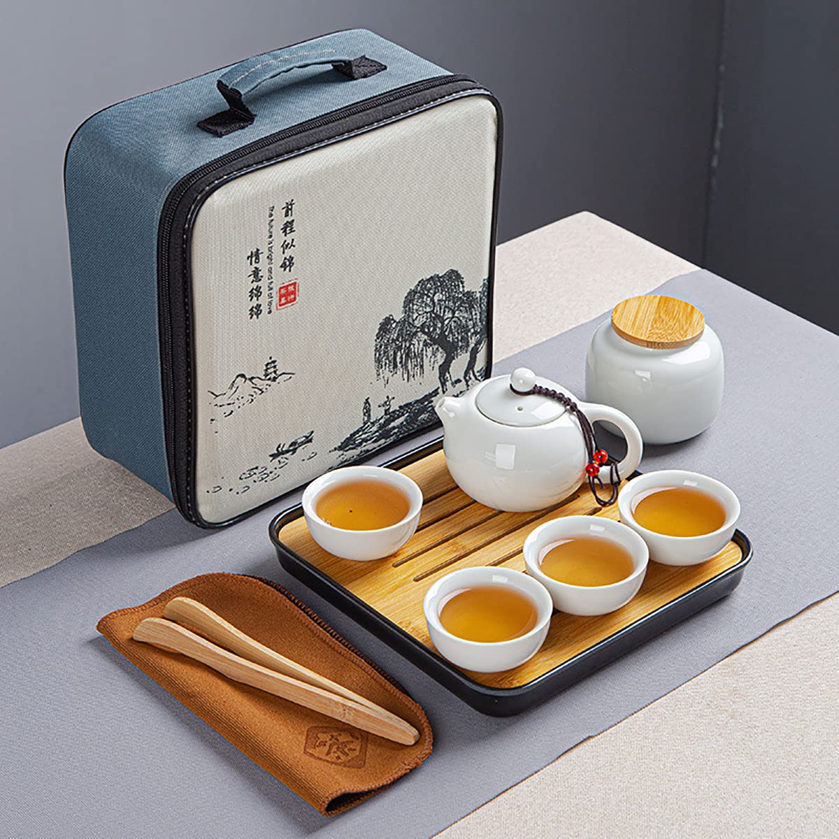 Juego de tazas de té chinas de cerámica de viaje, juego de té tradicional de estilo japonés con bolsa de té portátil para oficina en casa al aire libre (blanco)