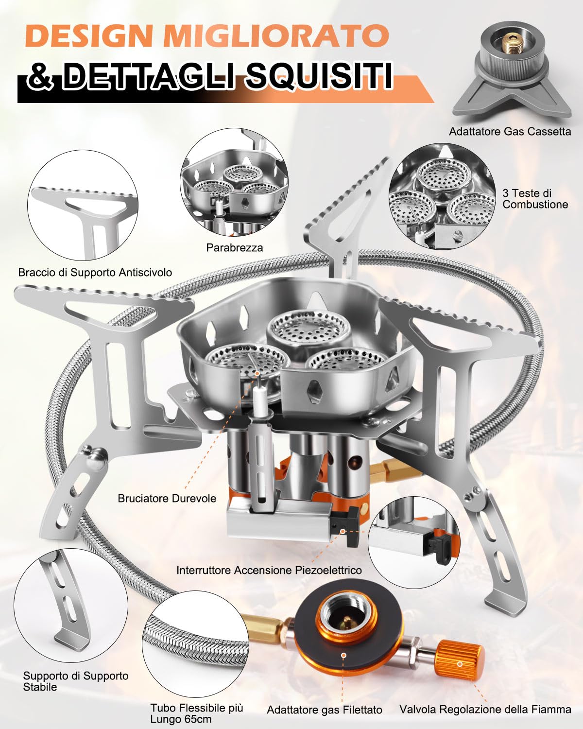 AUTOPkio 6800W Fornello da Campeggio, Portatile Antivento Stufa Campeggio | con 3 Teste di Bruciatore Piezoelettrica, Fornellino a Gas da Campeggio per Outdoor Picnic Trekking