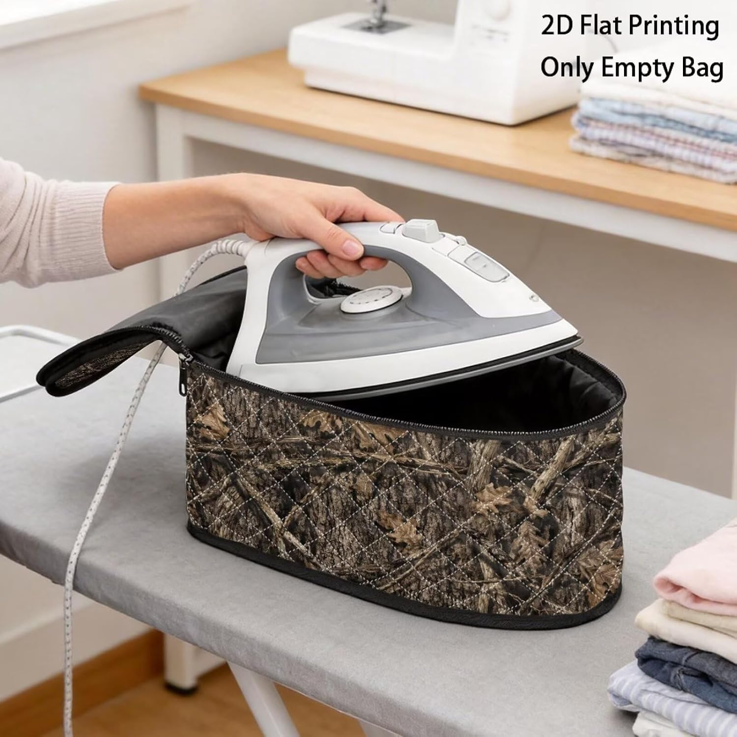 Camo Leaves Print Quilted Steam Iron Case Iron Holder Bag Travel Steamer Carrier Bag with Handle Lightweight Organizer Iron Accessories, Case Only image 5