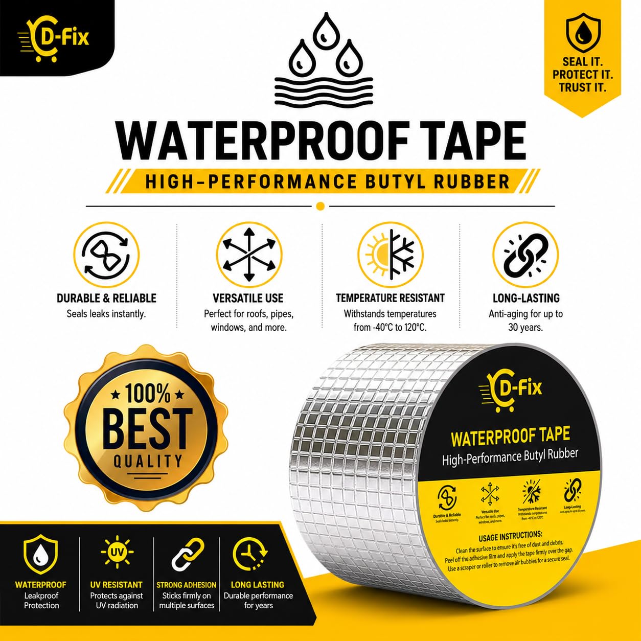 D-fix® Waterproof Repair Tape for Pipe Leakage Roof Water Leakage Solution Aluminium Foil Tape Waterproof Adhesive Sealing Butyl Rubber Tape for Surface Crack (Silver) (10CM x 5M) 1
